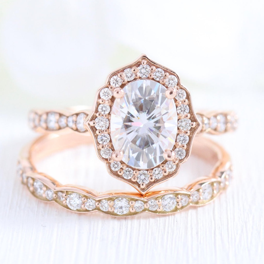1.50 CT Oval Cut Moissanite Vintage Halo Bridal Ring Set