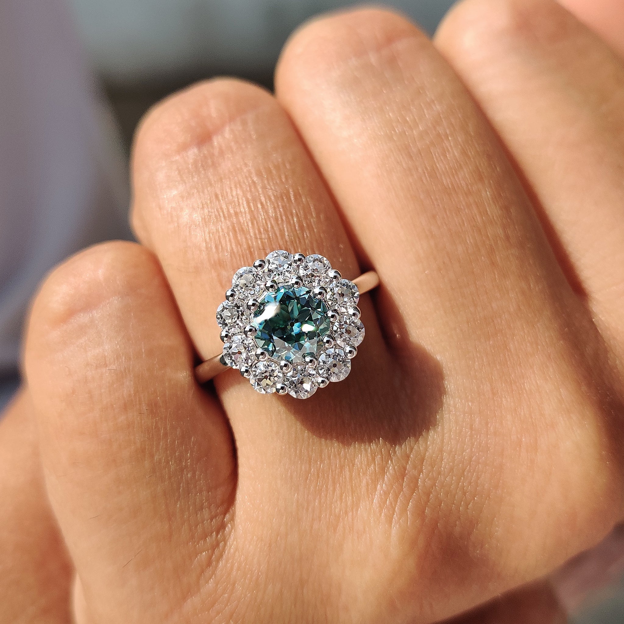 Cluster Engagement Ring With Round OEC Cut Moissanite