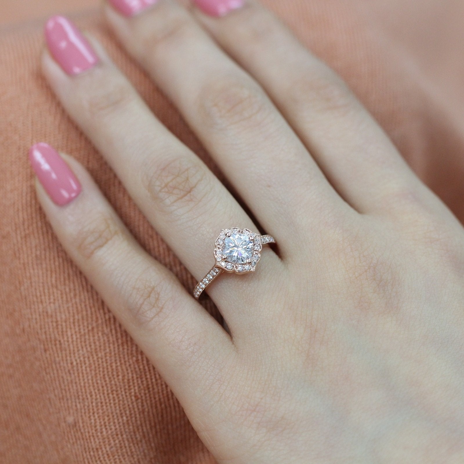 1.0 CT Cushion Cut Vintage Halo Style Moissanite Engagement Ring