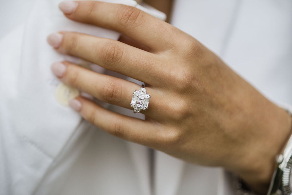 4.10 CT Asscher Cut Moissanite Three Stones Engagement Ring