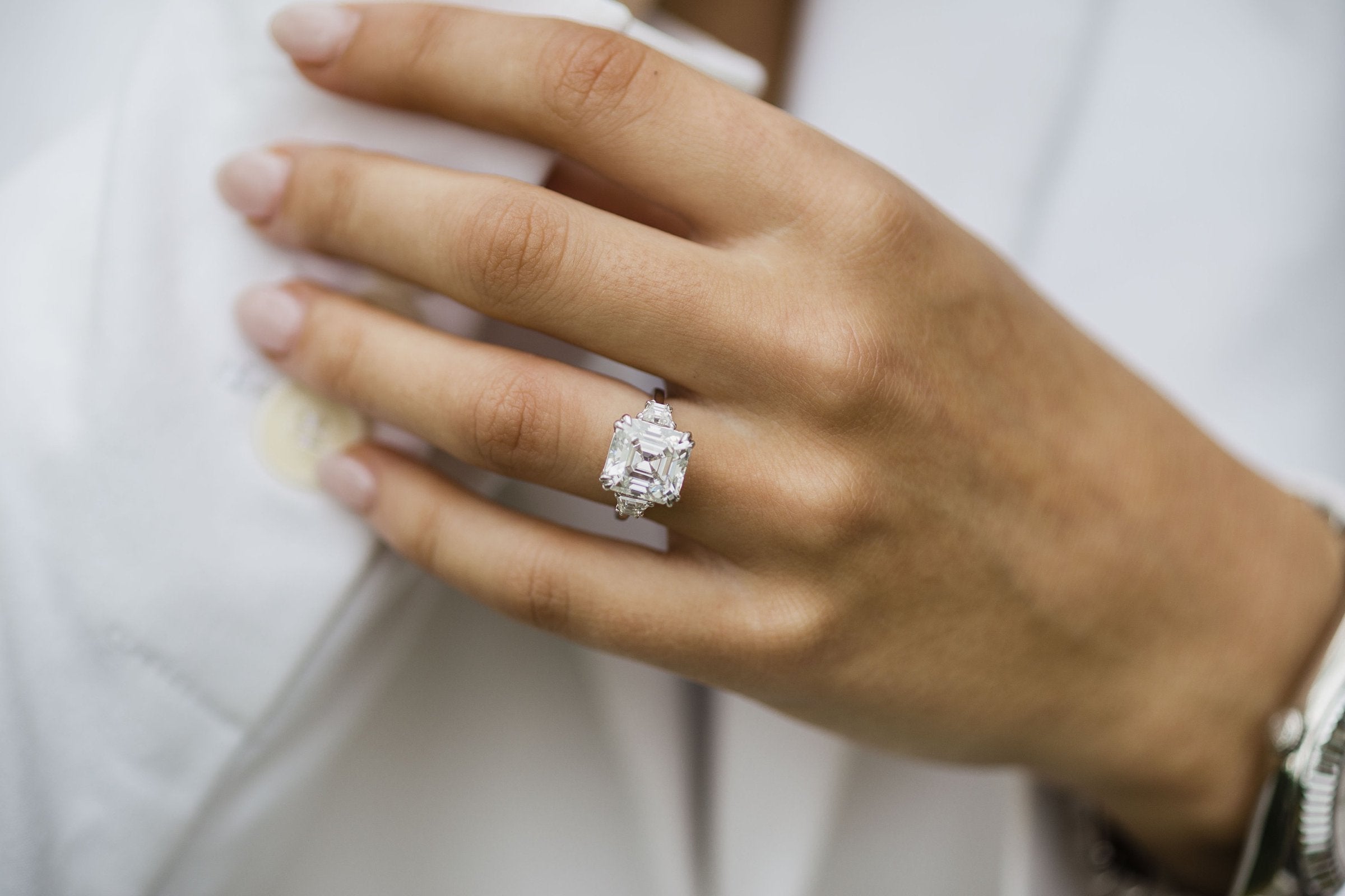4.10 CT Asscher Cut Moissanite Three Stones Engagement Ring