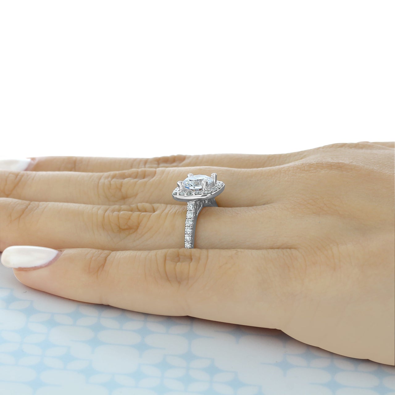 1.50CT Round Cut Halo Moissanite Engagement Ring in 18K White Gold