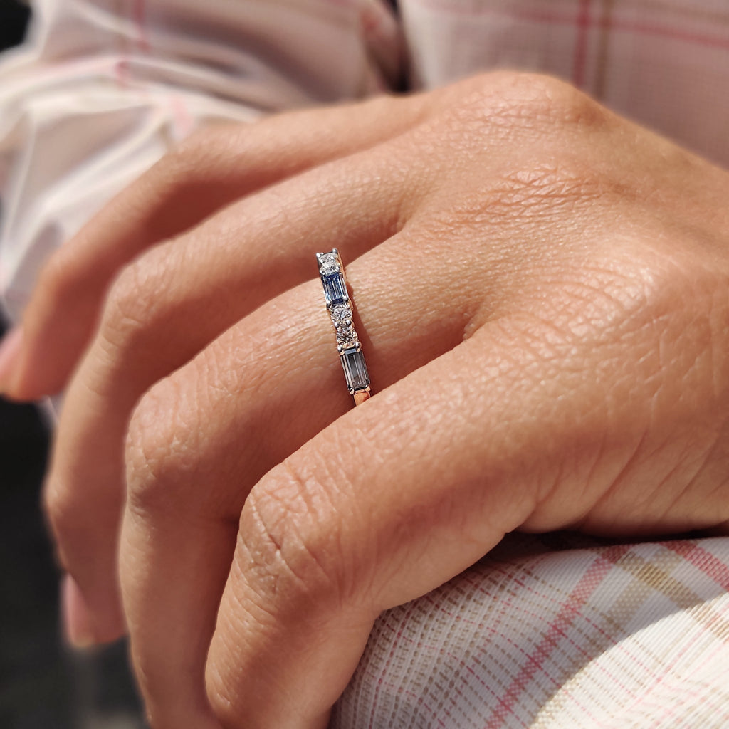Blue Moissanite Baguette Cut Half Eternity Band