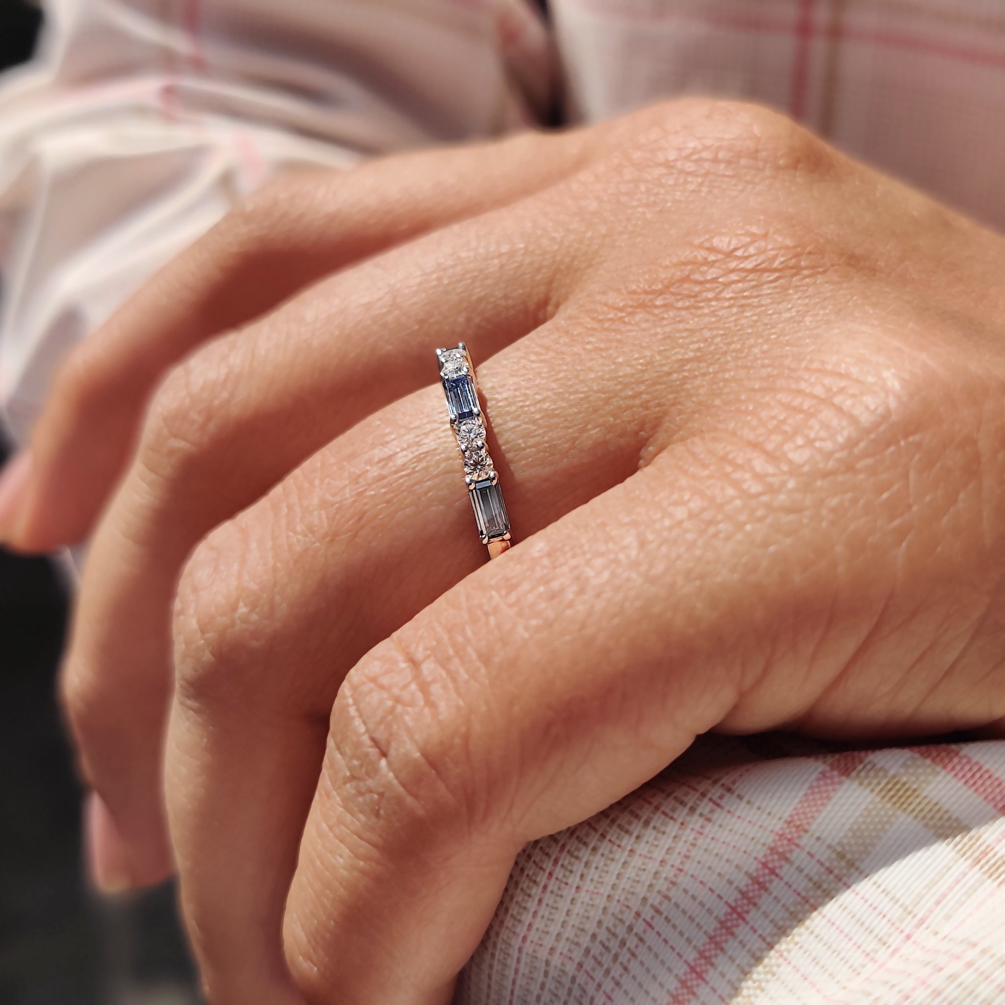 Blue Moissanite Baguette Cut Half Eternity Band