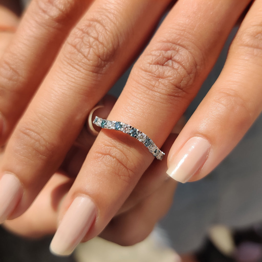 Curved Wedding Band With Round Cut Cyan Blue Stone