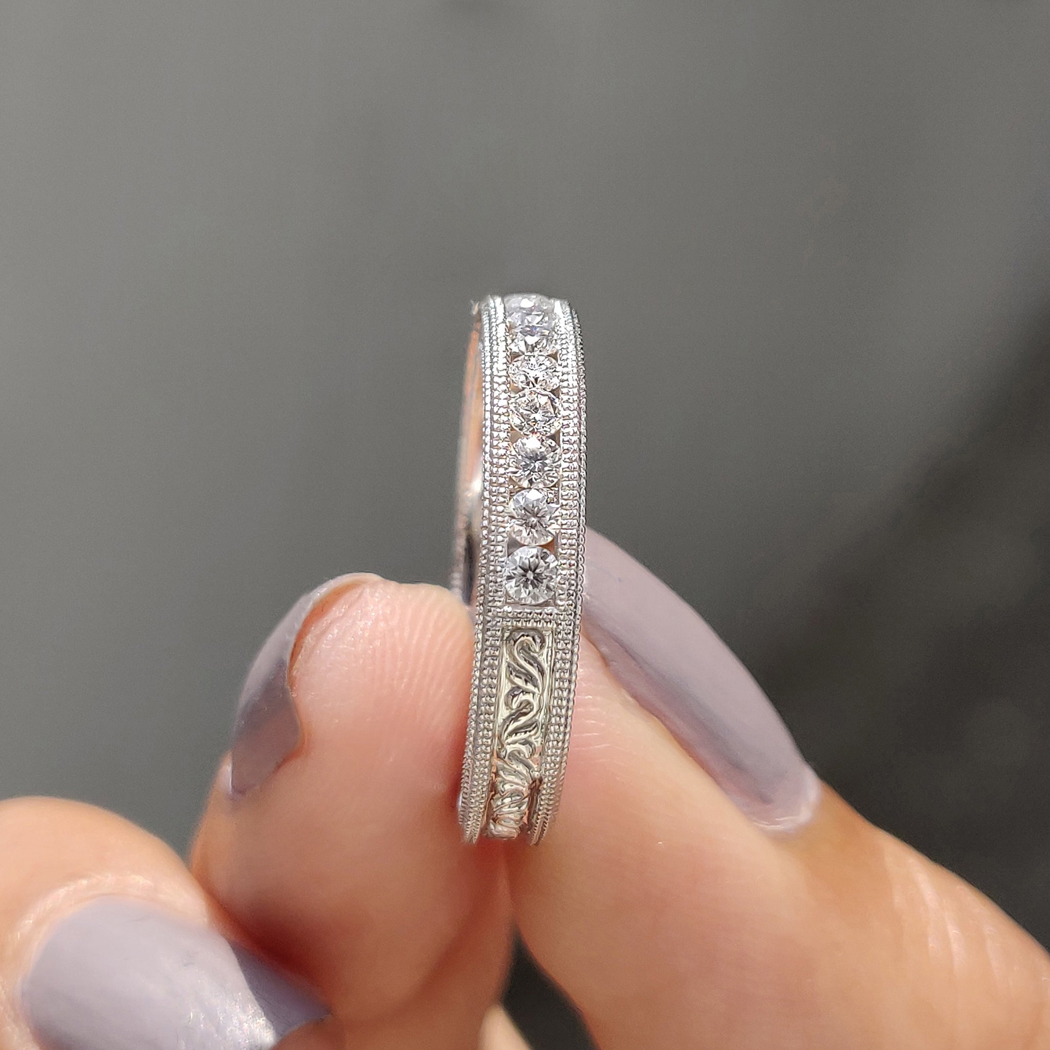 Art Deco Wedding Ring With Round Cut Milgrain Setting