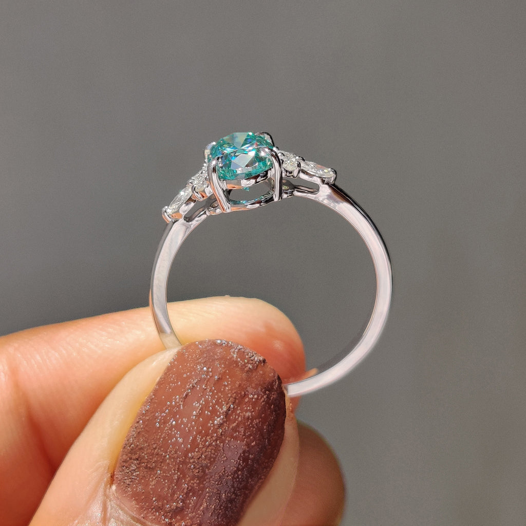 7 Stone Moissanite Ring With Oval Cyan Blue Moissanite