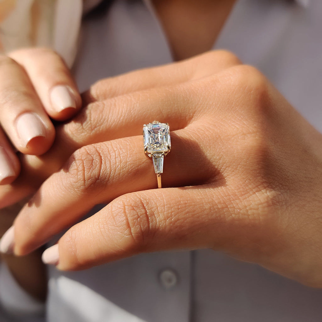 Three Stone Emerald Cut Moissanite Ring