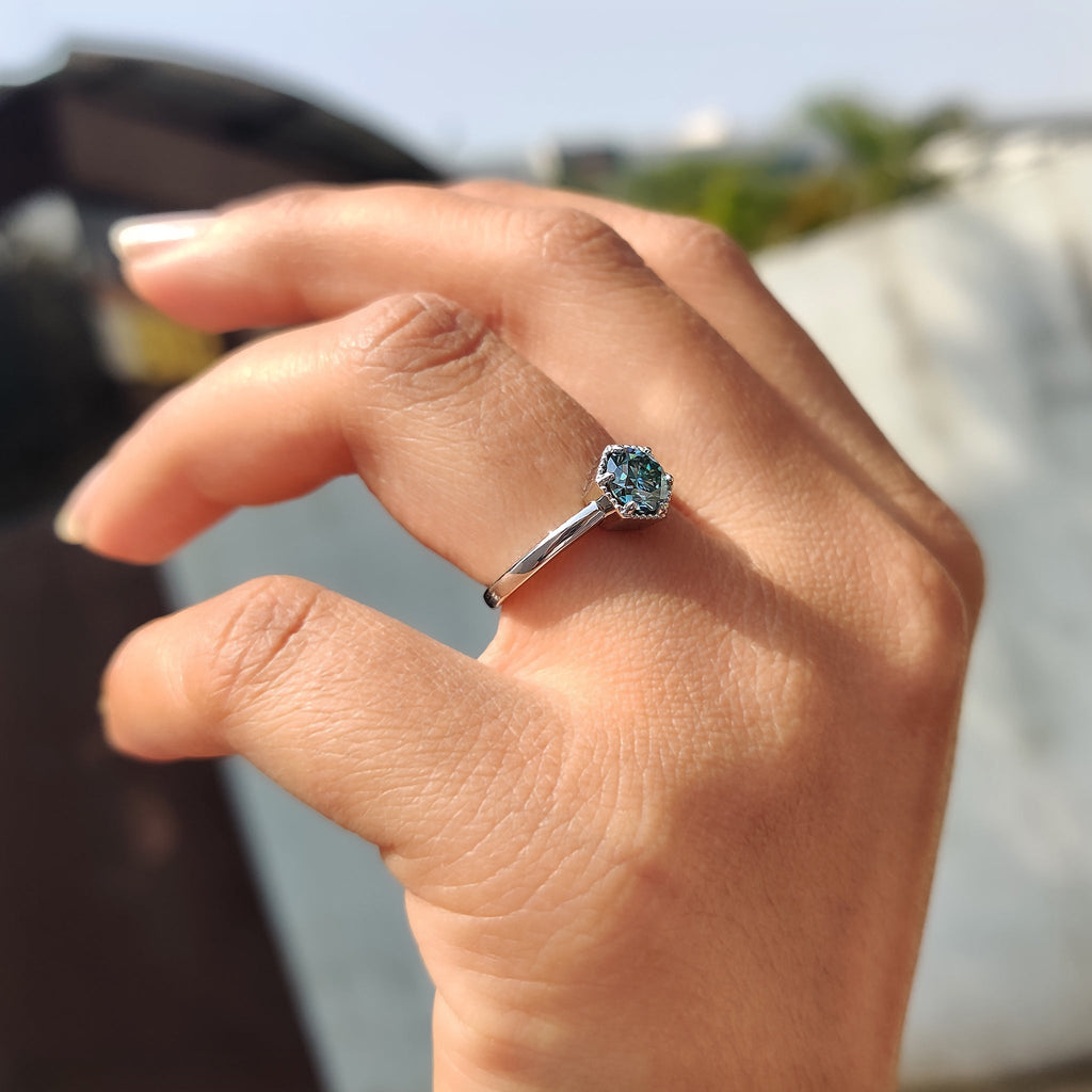 Solitaire Round Engagement Ring In Hexagon Framed