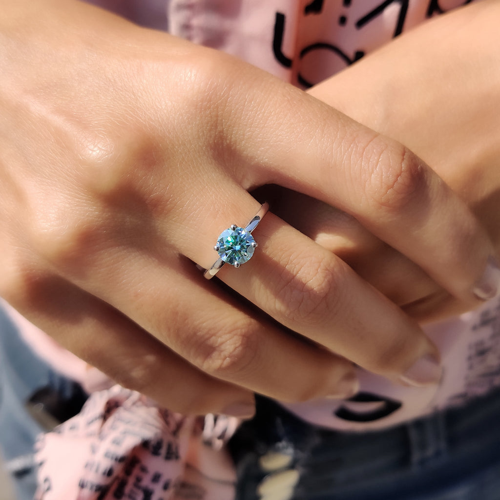 Moissanite Solitaire Ring In Cyan Blue Stone