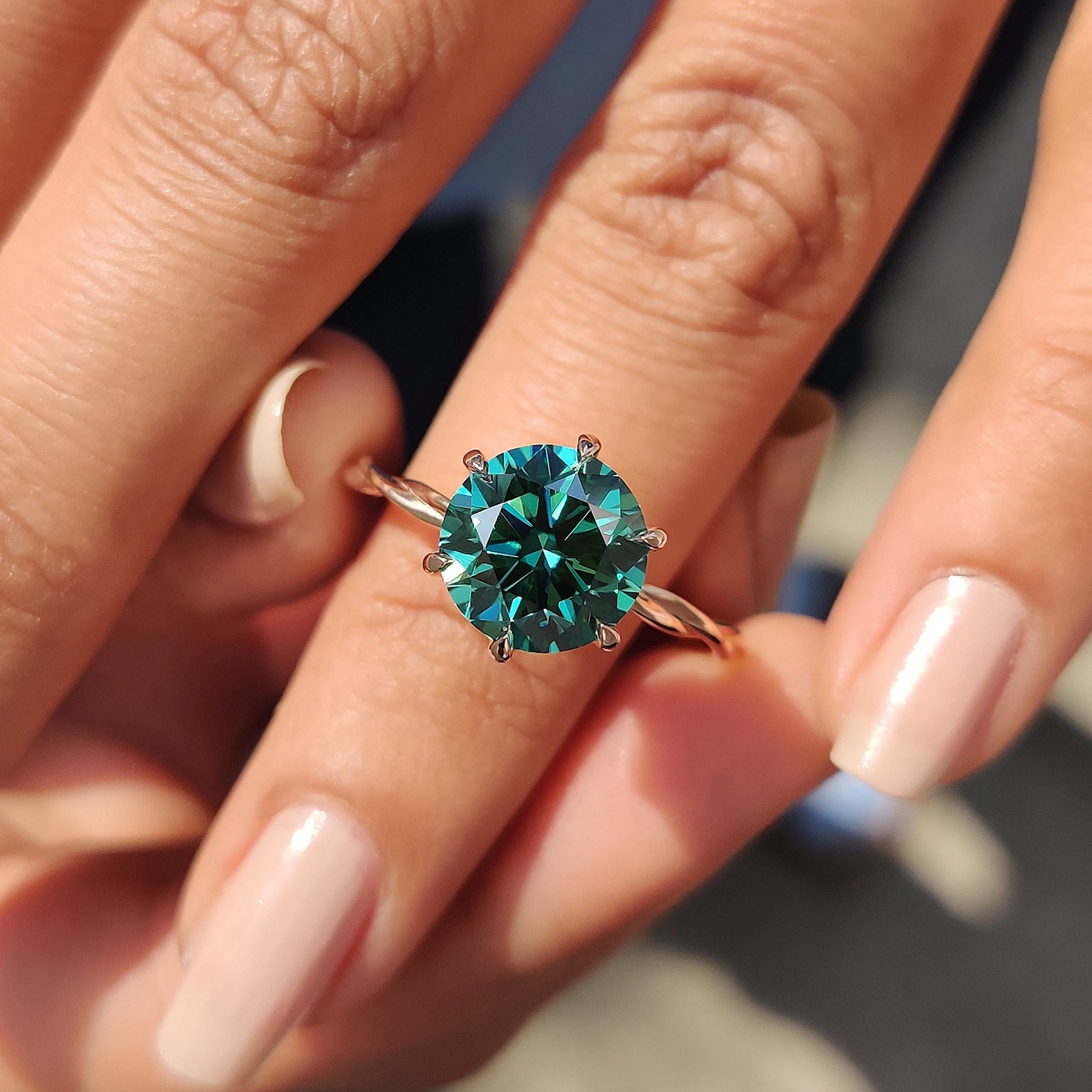 Rose Gold Solitaire Engagement Ring With Green Moissanite