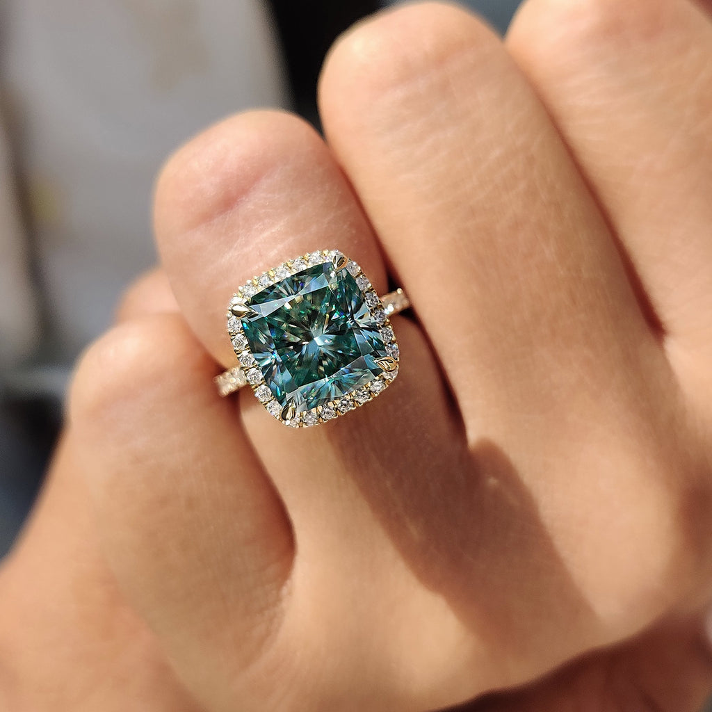 Cyan Blue Cushion Ring With Halo Setting