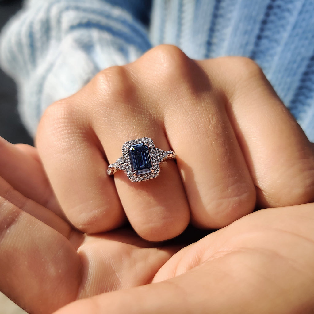 Blue Emerald Cut Engagement Ring In Muse Style