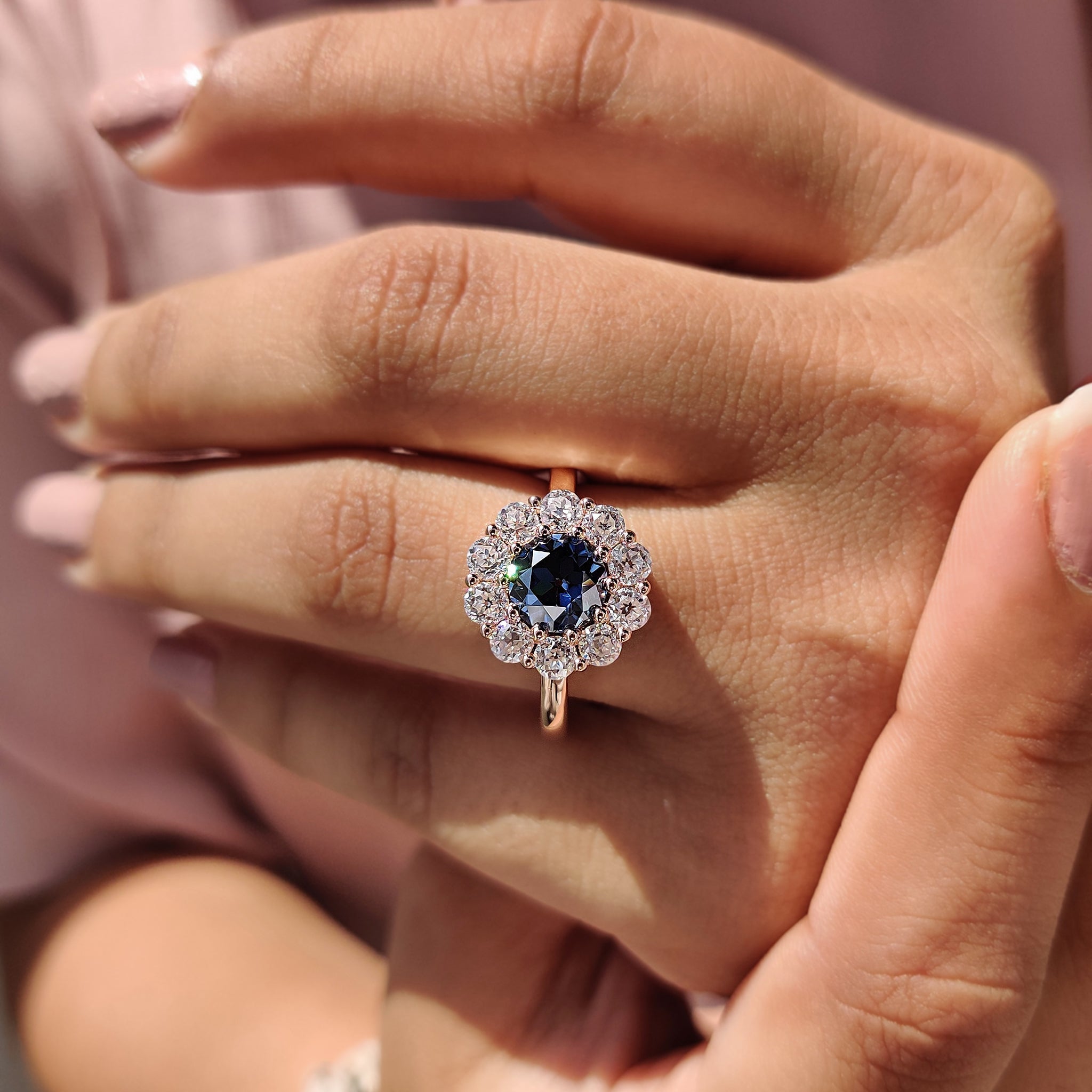 Blue Round Old European Cut Ring In Cluster Design