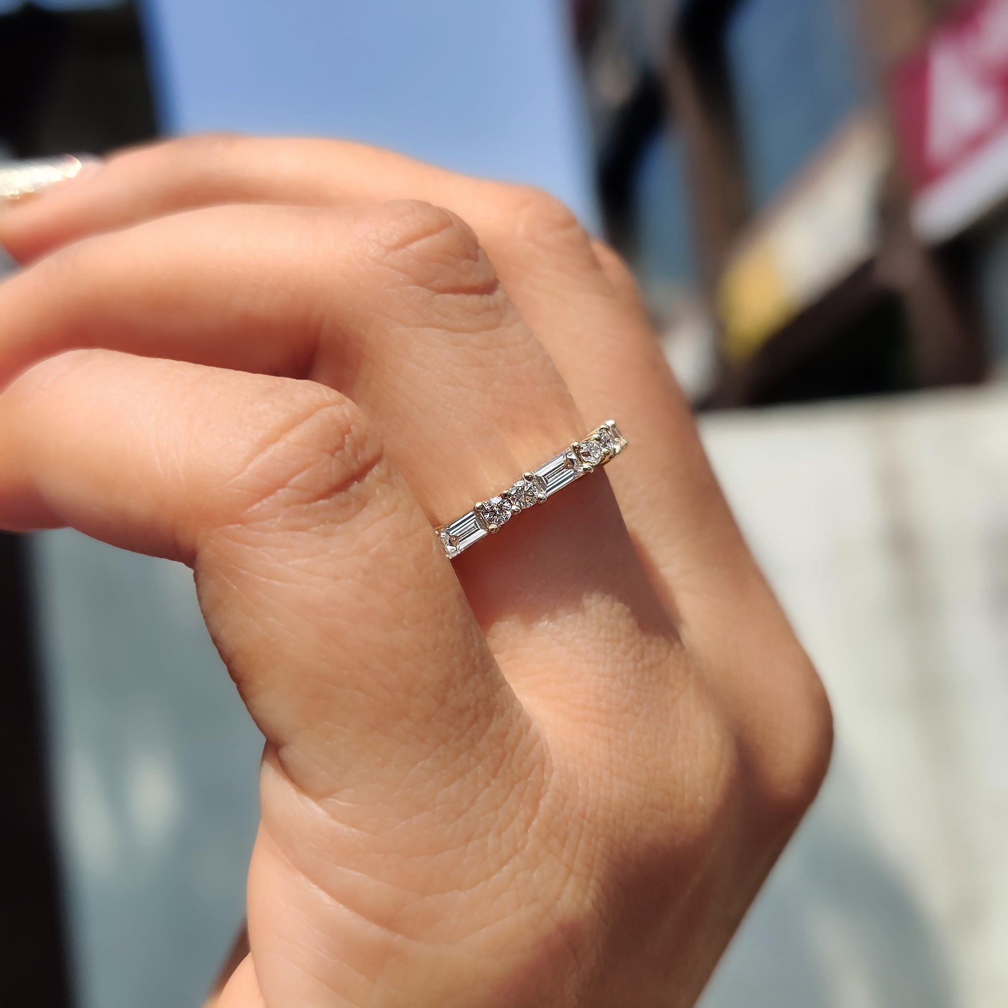 Round And Baguette Diamond Wedding Band In Half Eternity Style