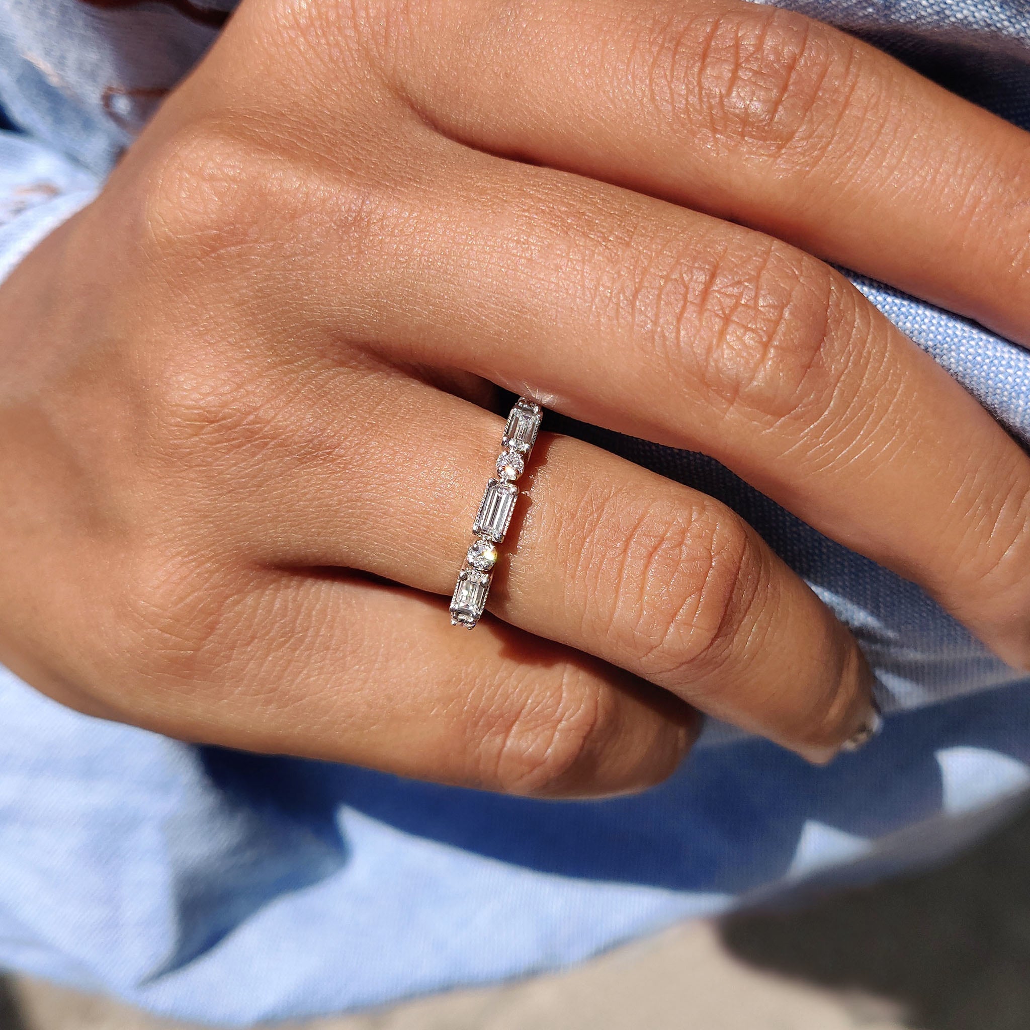 Baguette And Round Cut Wedding Ring Featuring Milgrain Setting
