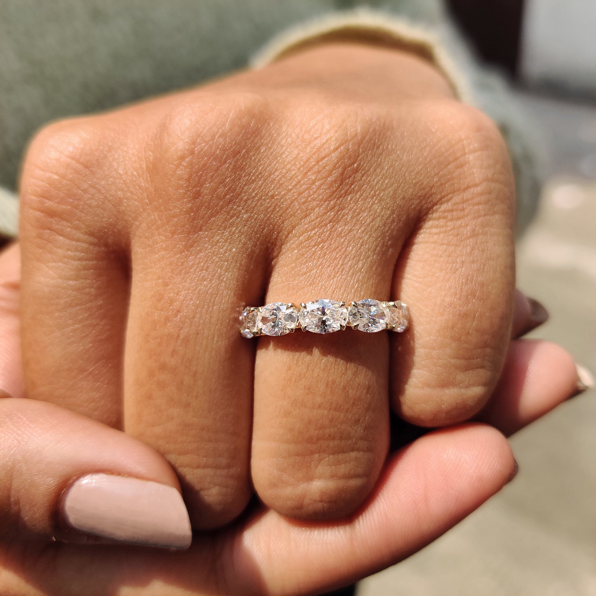 Five Stone Wedding Band In Oval Cut Moissanite