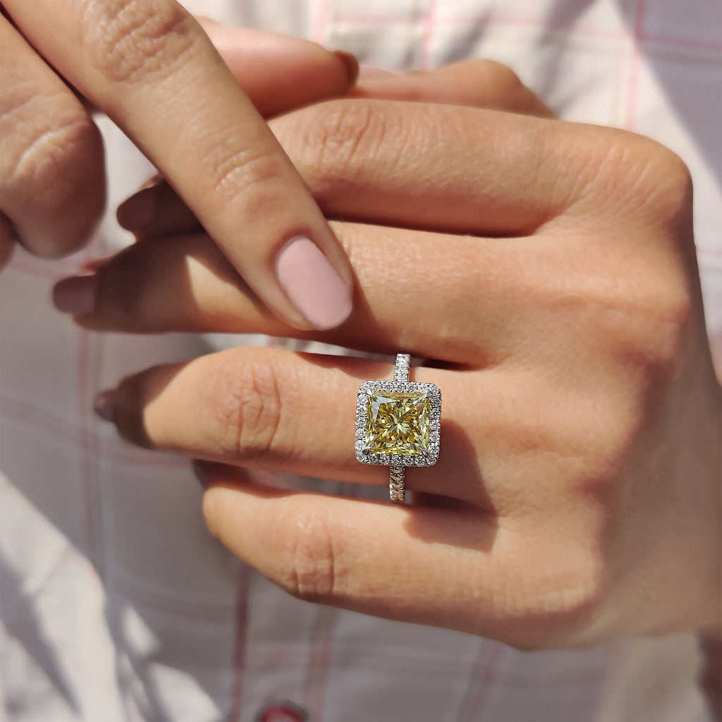 Princess Cut Moissanite Ring In Hidden Halo Style