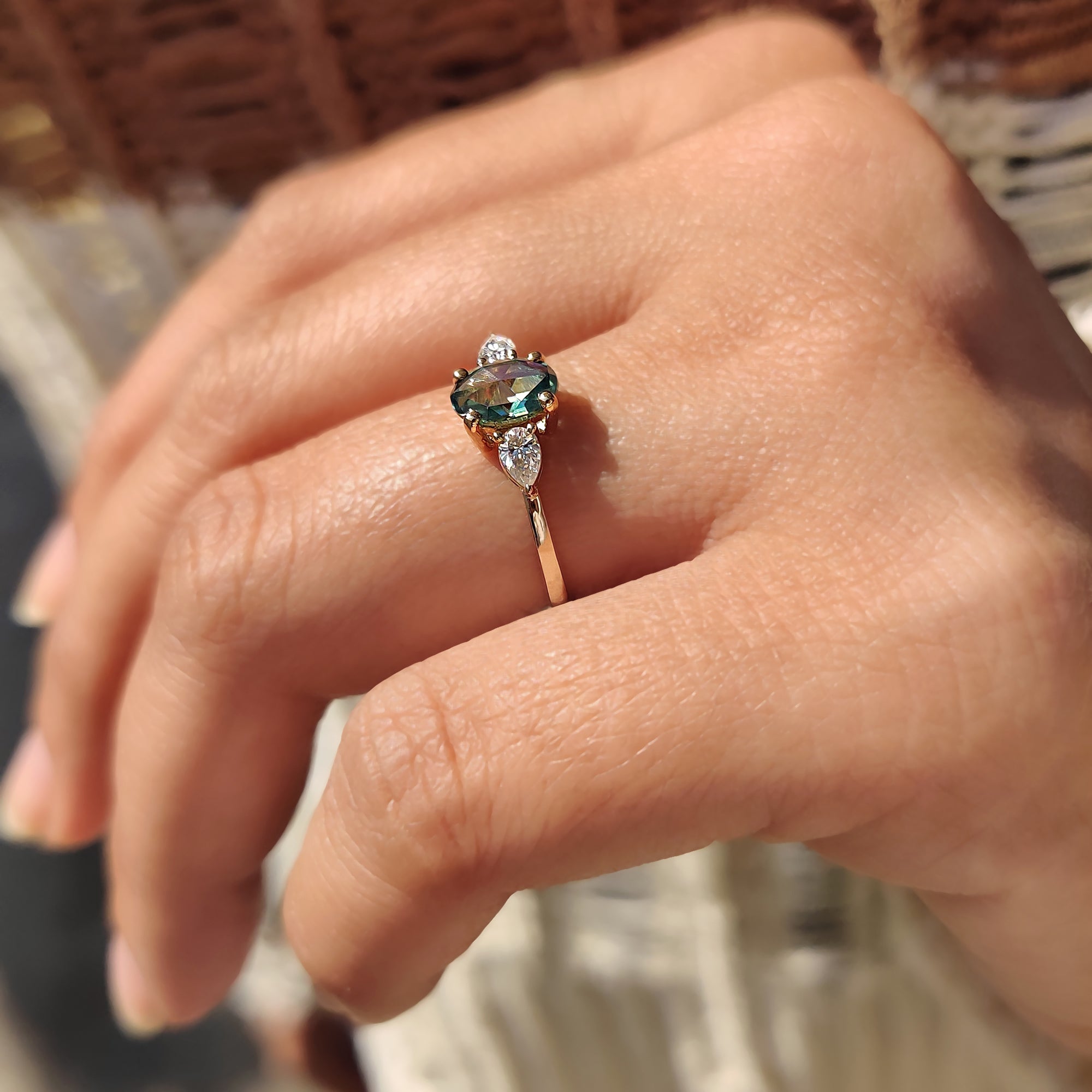 Cyan Blue Oval Rose Cut Ring with 2 Pear Side Stone
