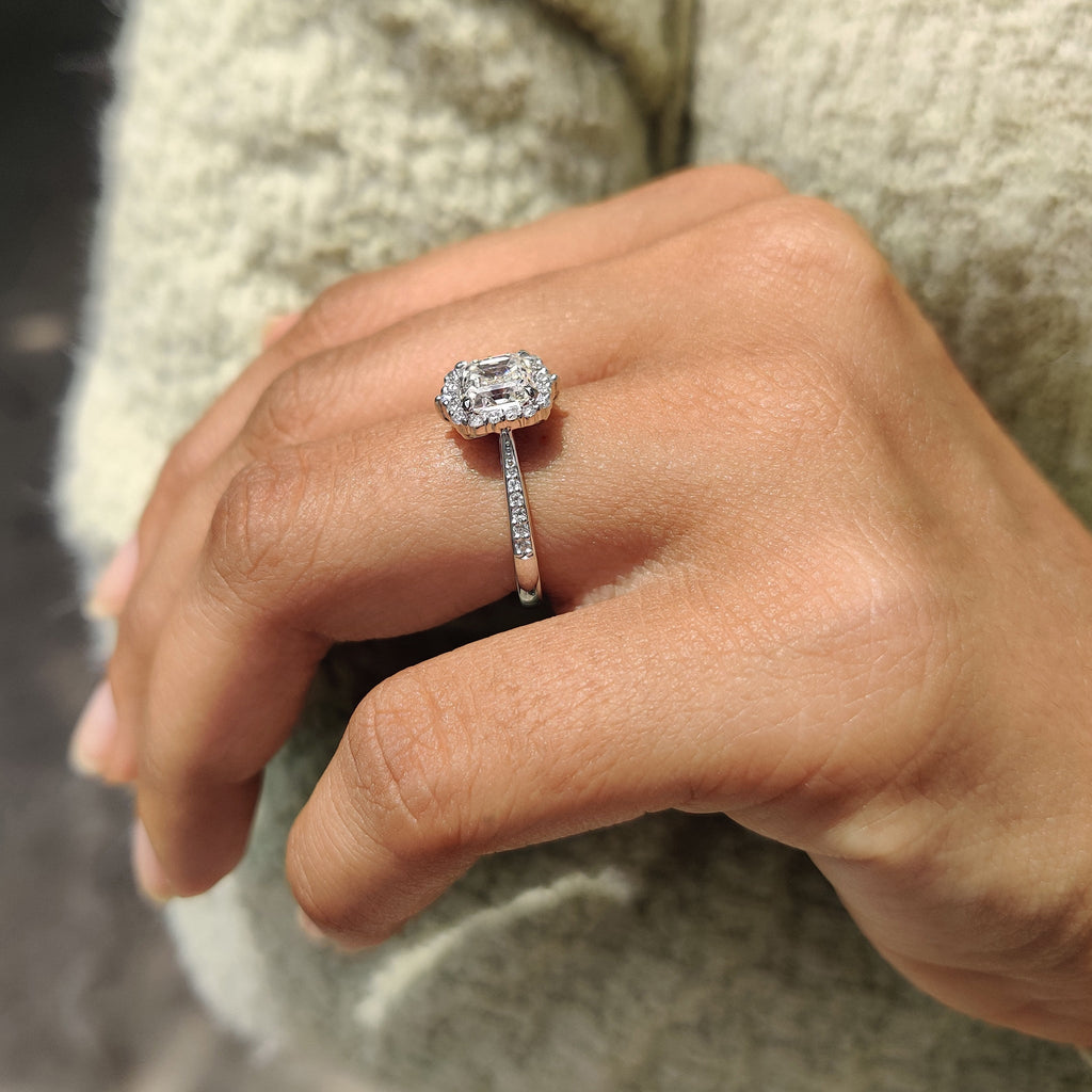 Asscher Cut Moissanite Ring In Tapered Pave Band