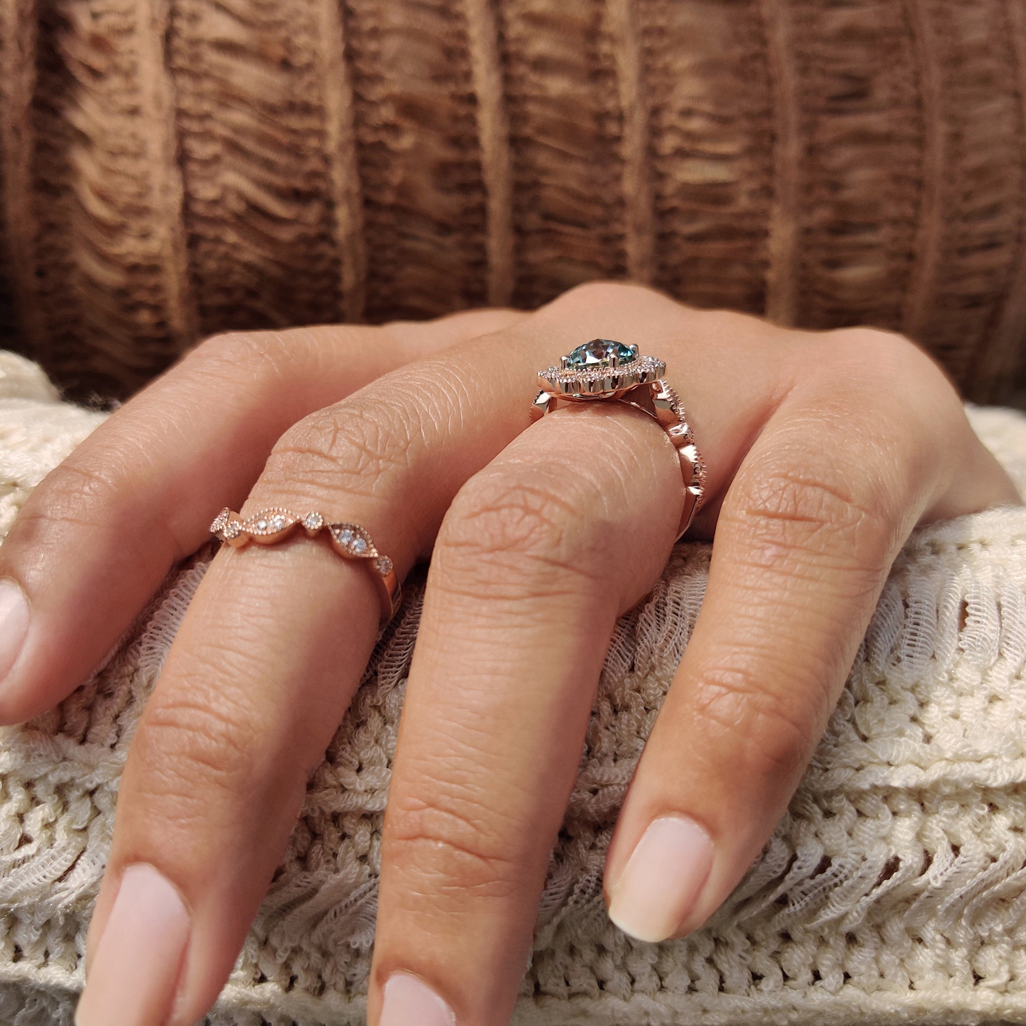 Vintage Bridal Set With Cyan Blue Moissanite Ring