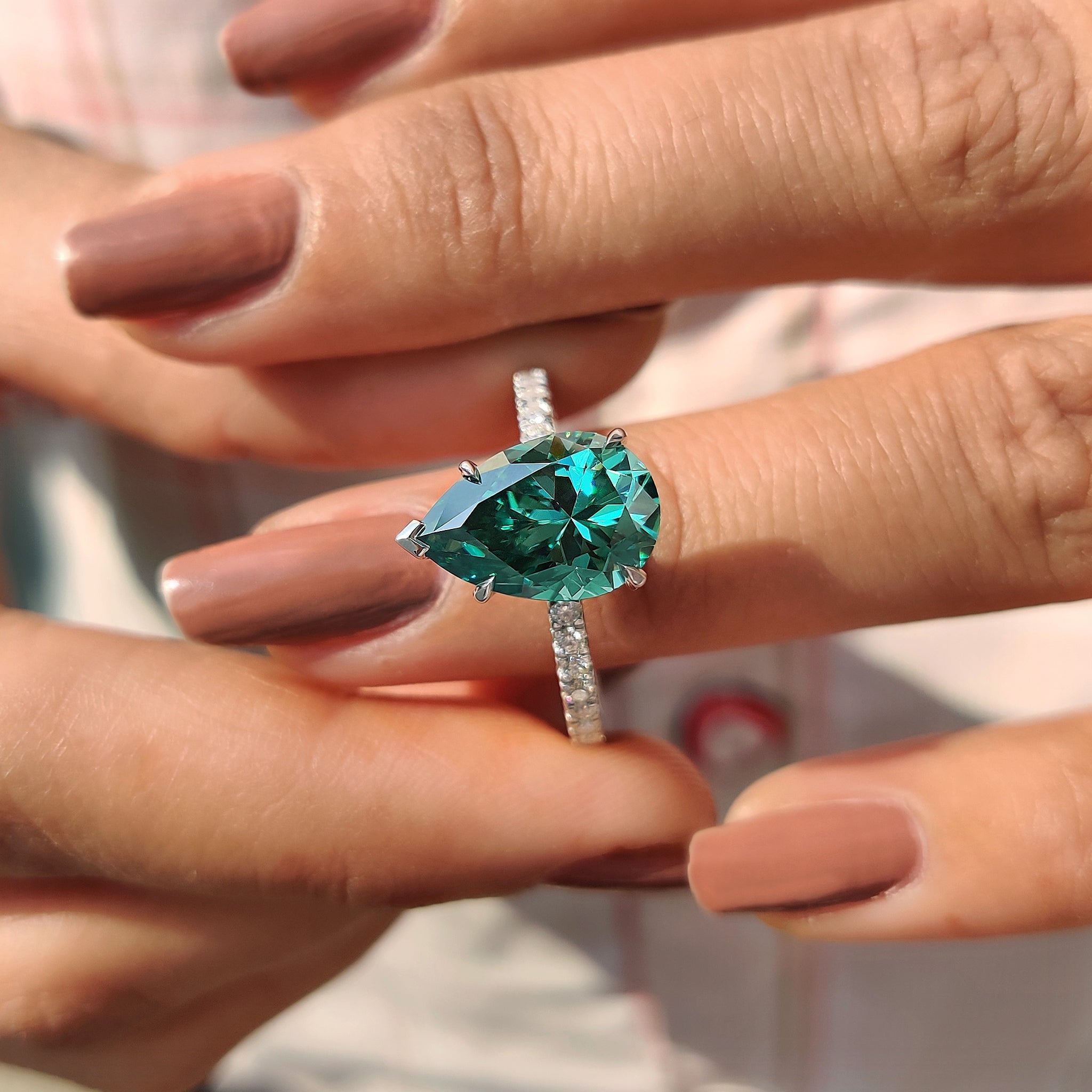 Green Moissanite Pear Ring With Pave Band