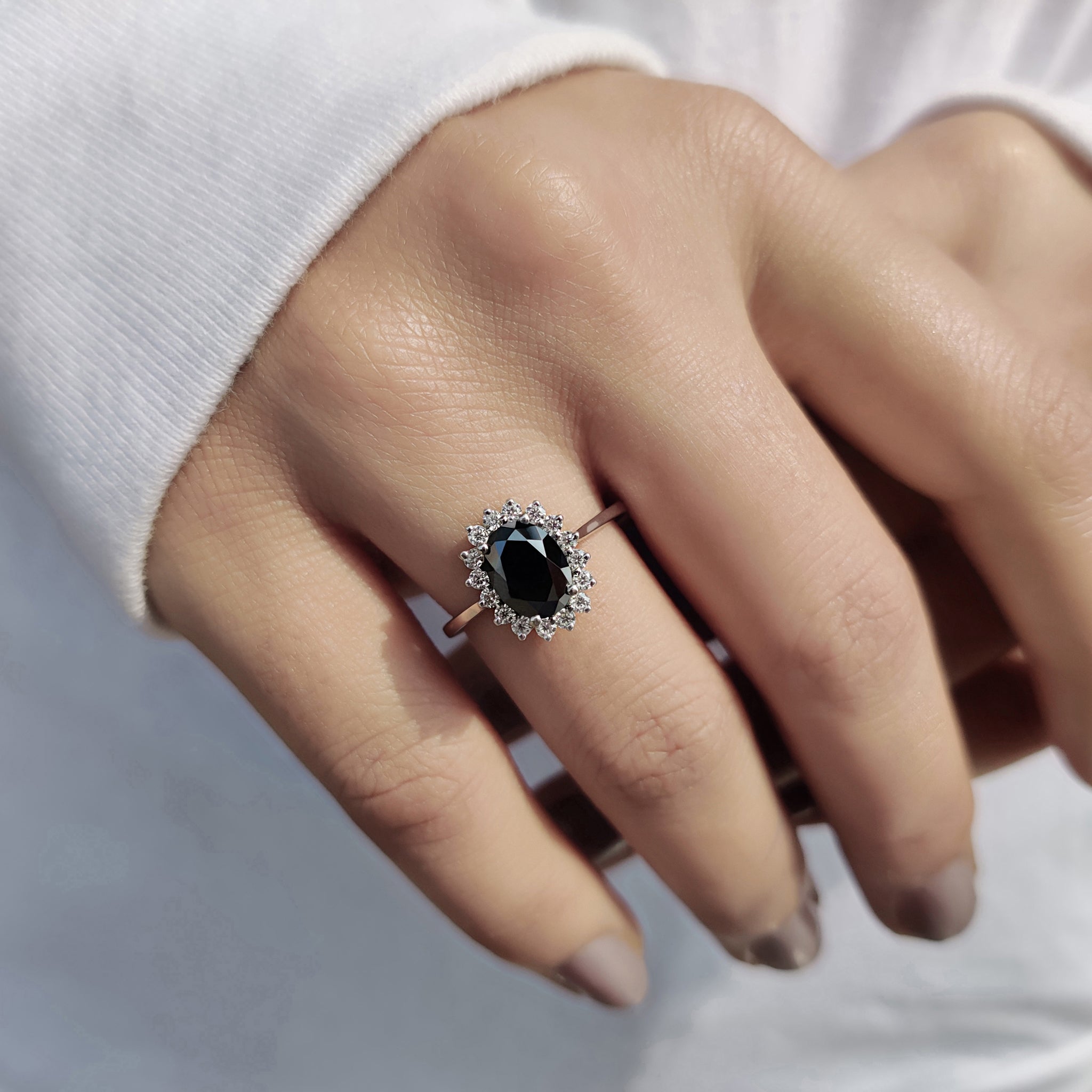 Tapered Shank Black Oval Engagement Ring