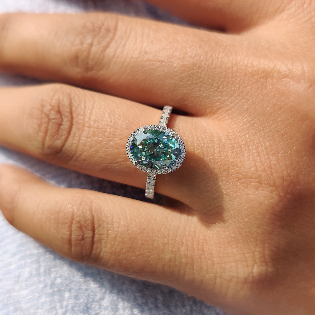 Oval Halo Engagement Ring With Cyan Blue Stone