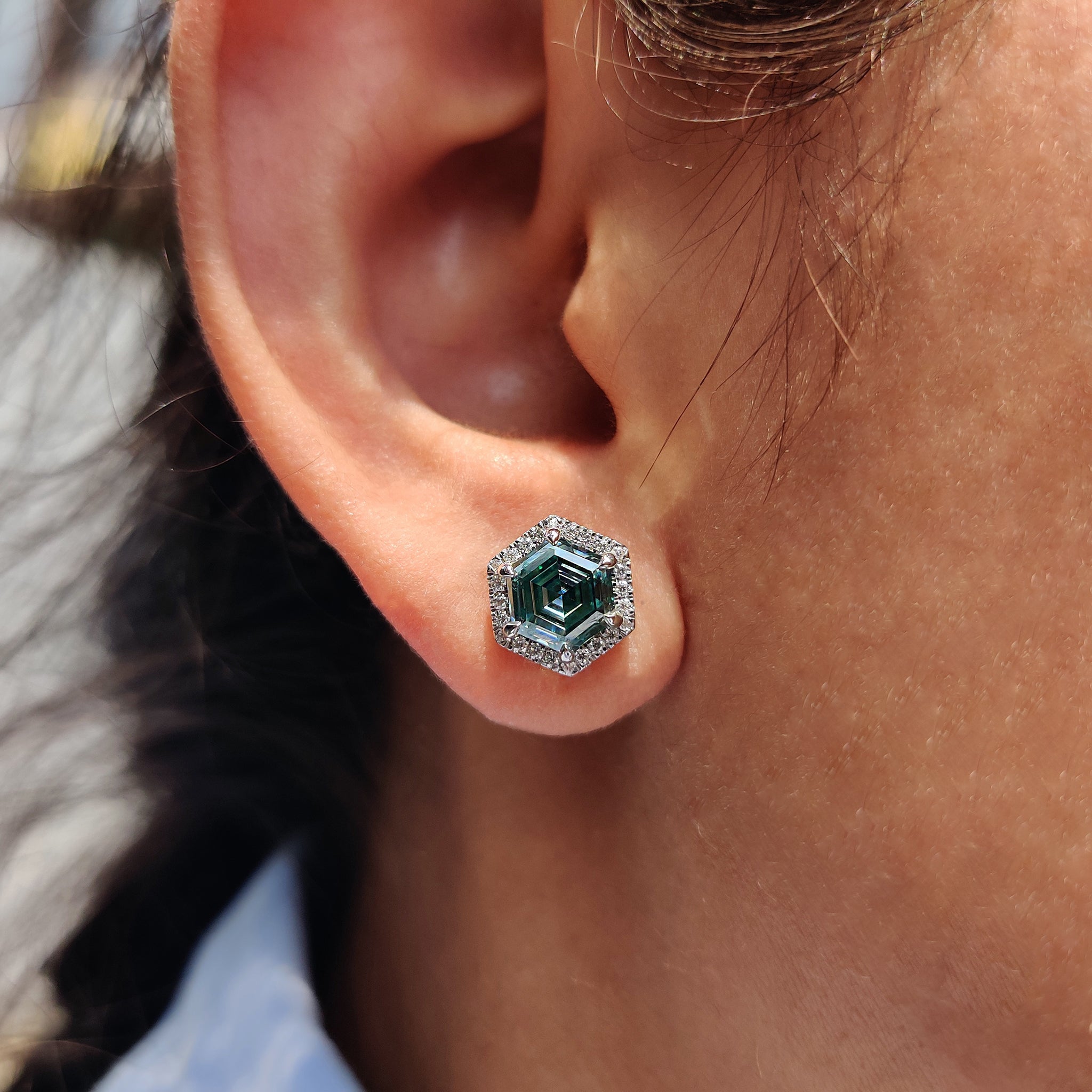 Cyan Blue Hexagon Step Cut Earrings In Halo Style Secondary image