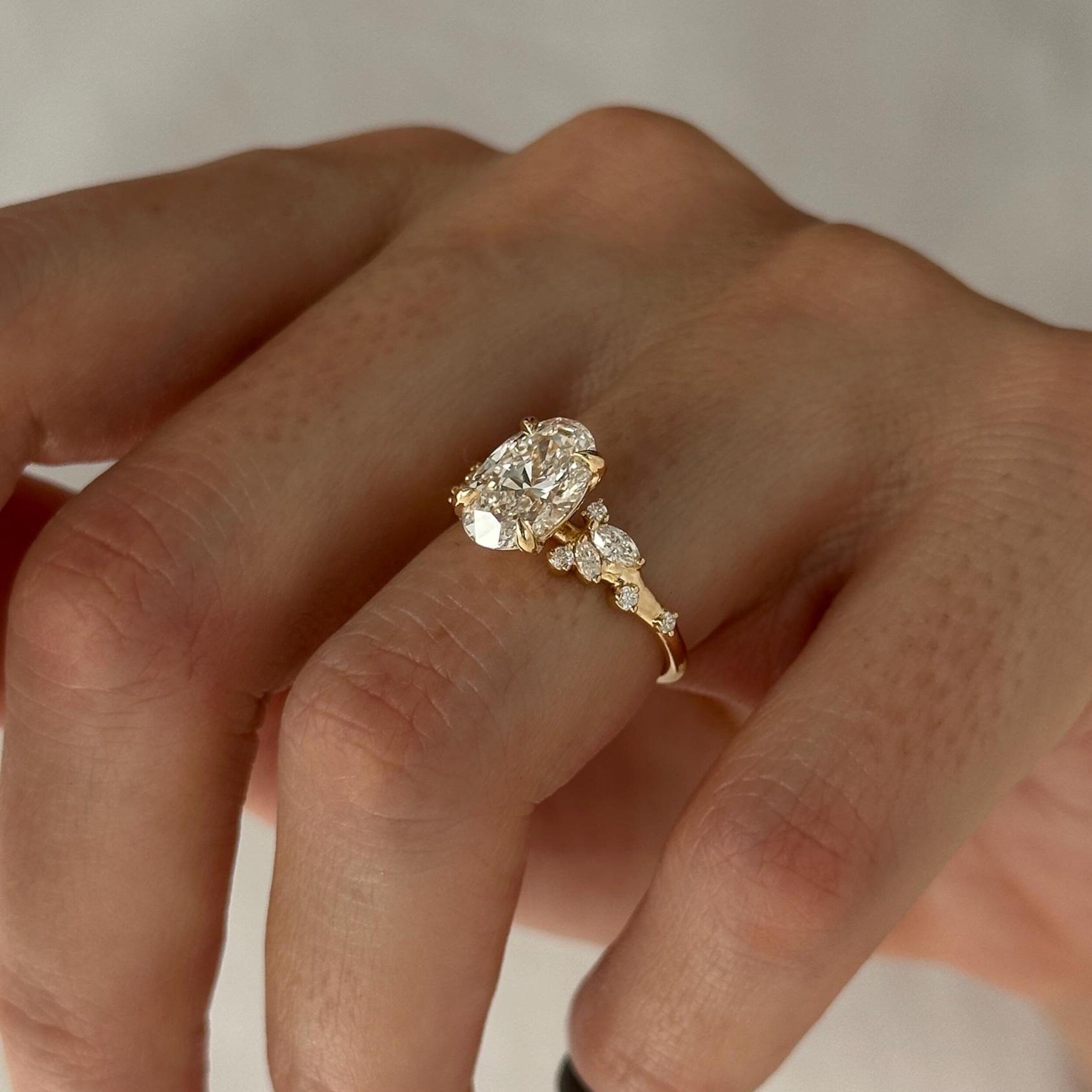 2.0 CT Oval Cut Moissanite Cluster Style Engagement Ring