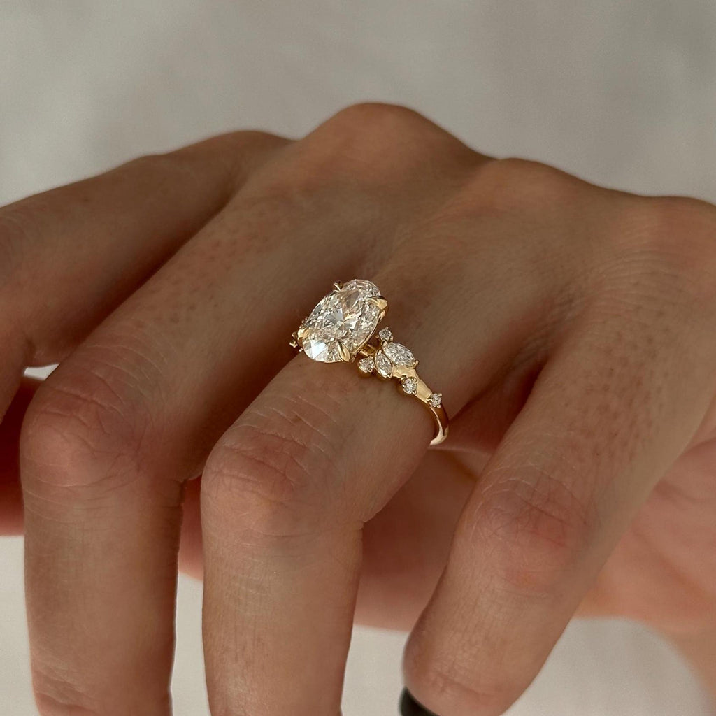 2.0 CT Oval Cut Moissanite Cluster Style Engagement Ring