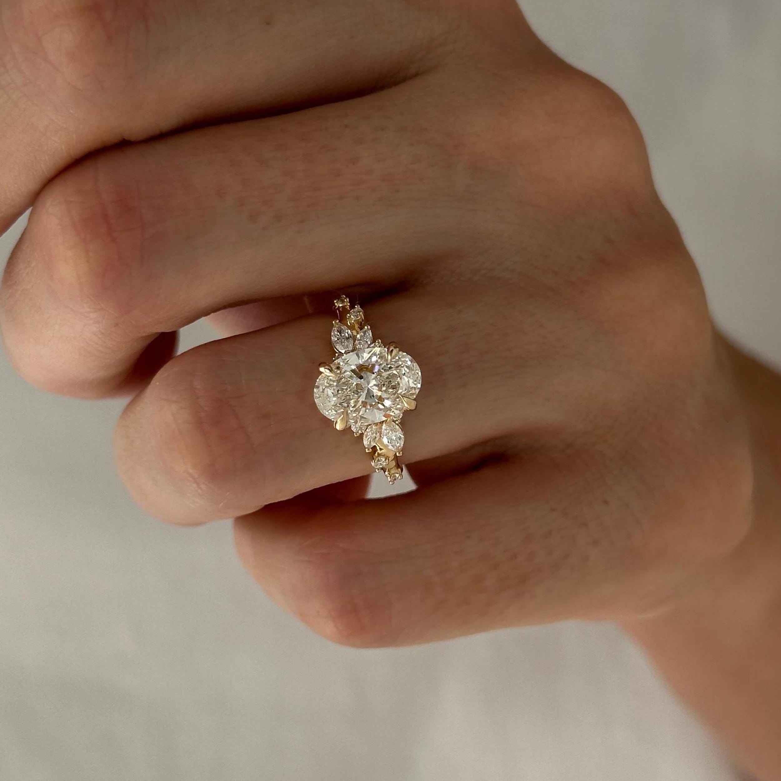 2.0 CT Oval Cut Moissanite Cluster Style Engagement Ring