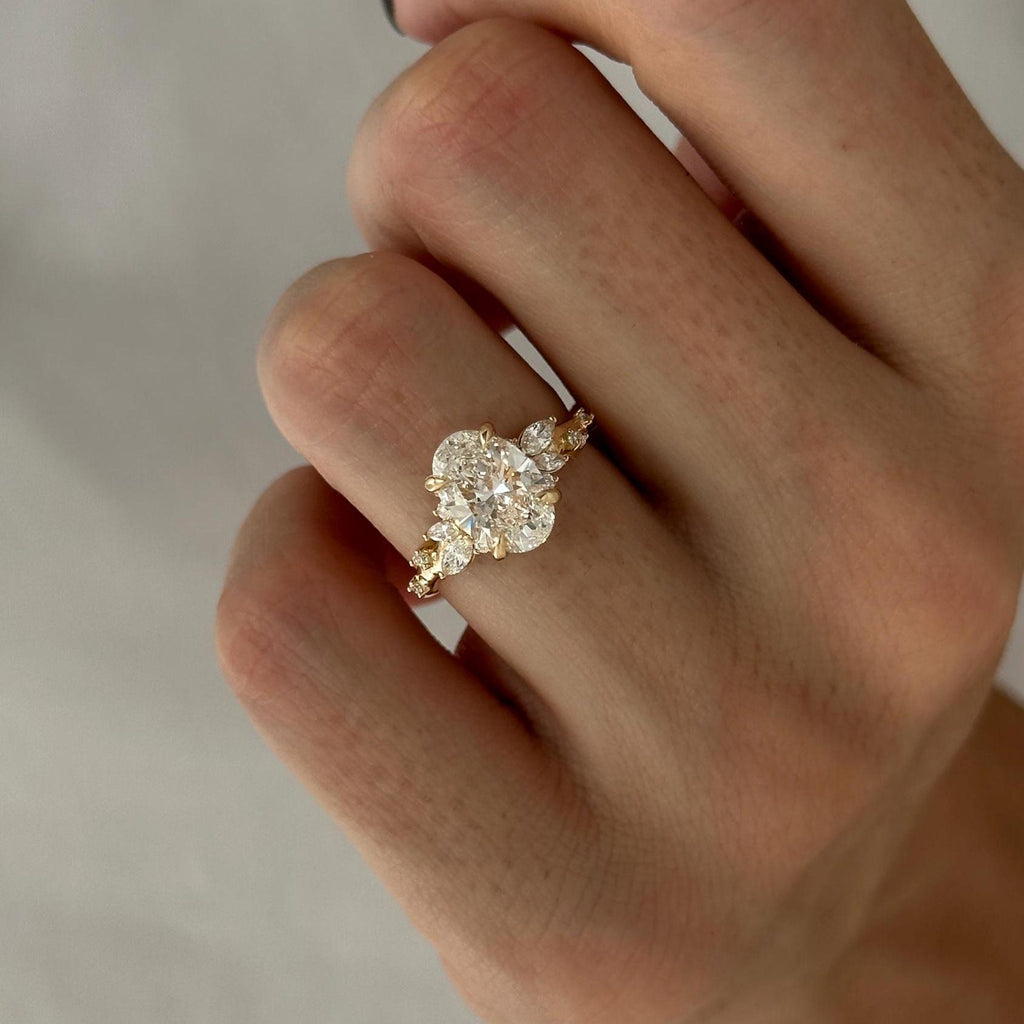 2.0 CT Oval Cut Moissanite Cluster Style Engagement Ring