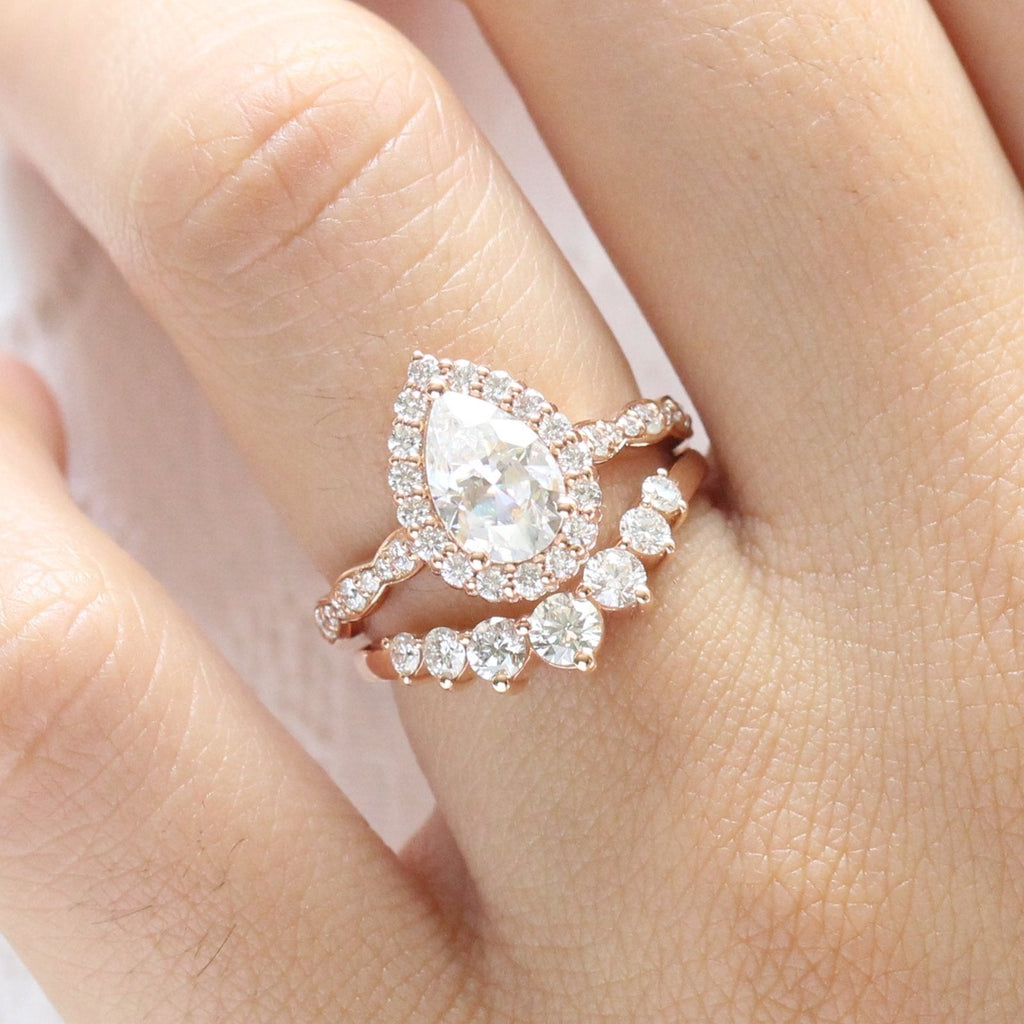 1.60 CT Pear Cut Moissanite Halo Bridal Ring Set