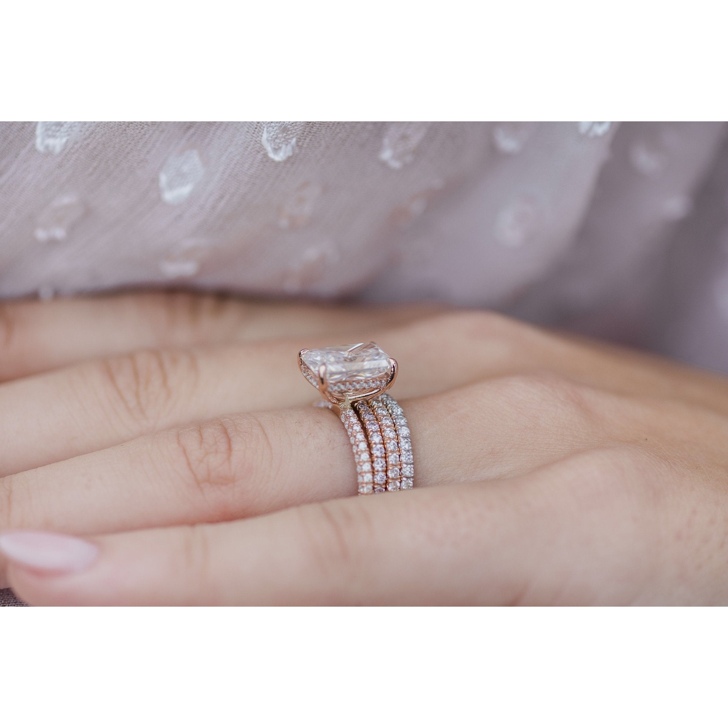 3.55 CT Radiant Moissanite Hidden Halo & Pave Setting Engagement Ring