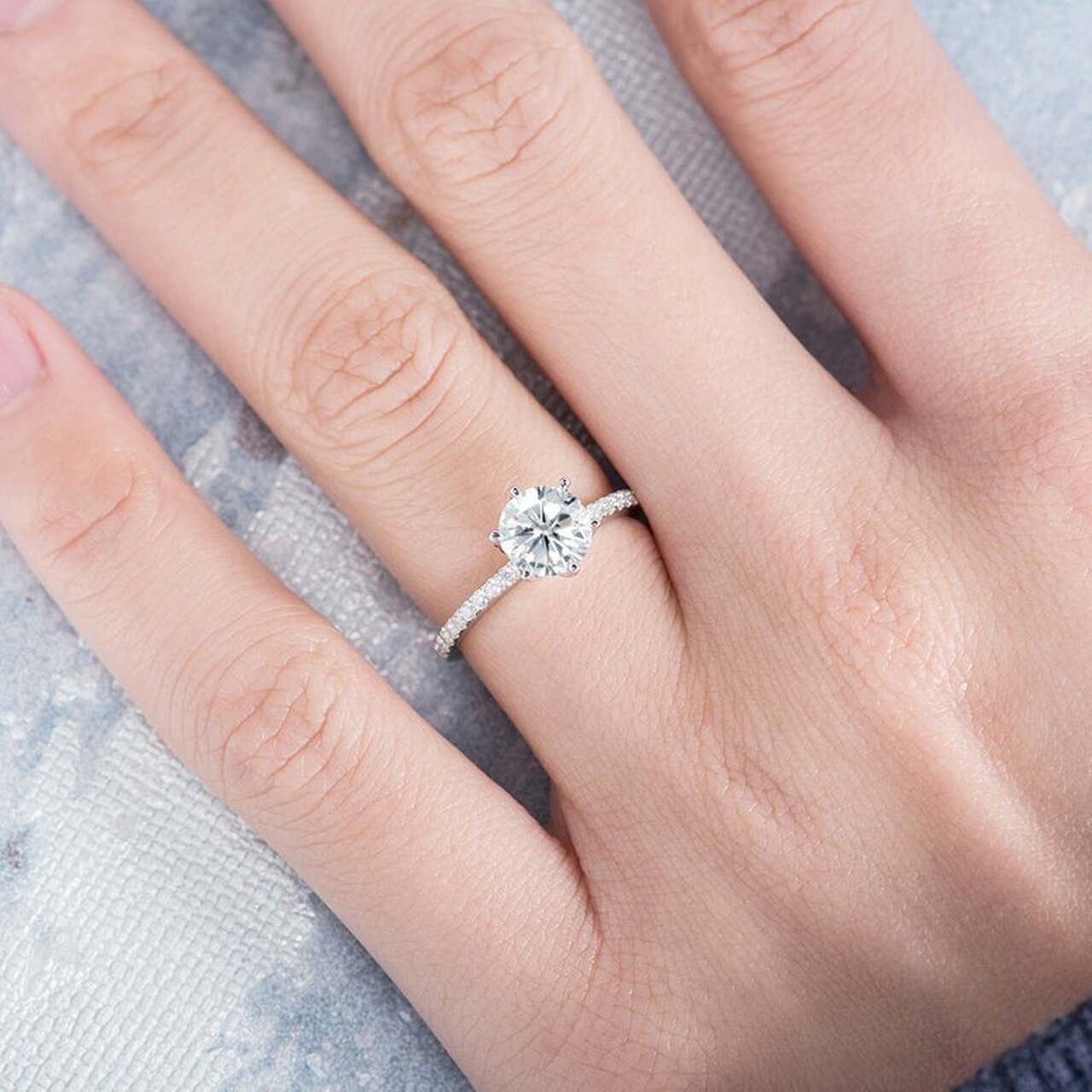 1.0 CT Round Brilliant Cut Pave Style Moissanite Engagement Ring