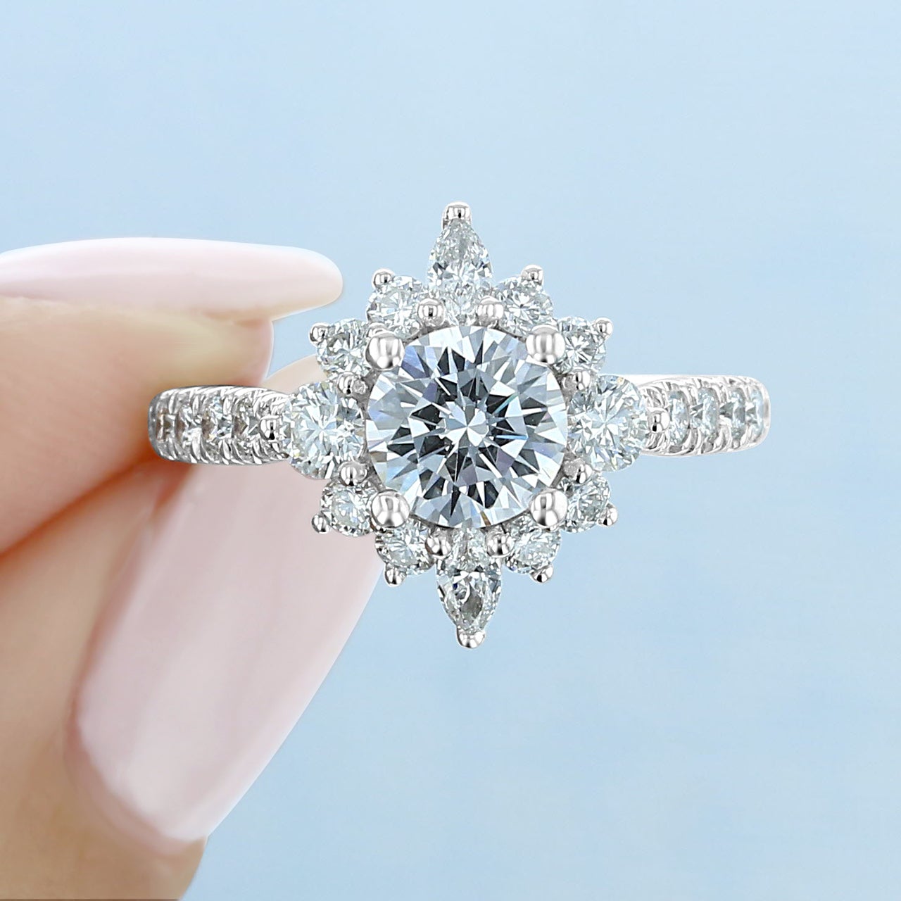 1.0ct Round Cut Cluster Halo Style Moissanite Engagement Ring Main image