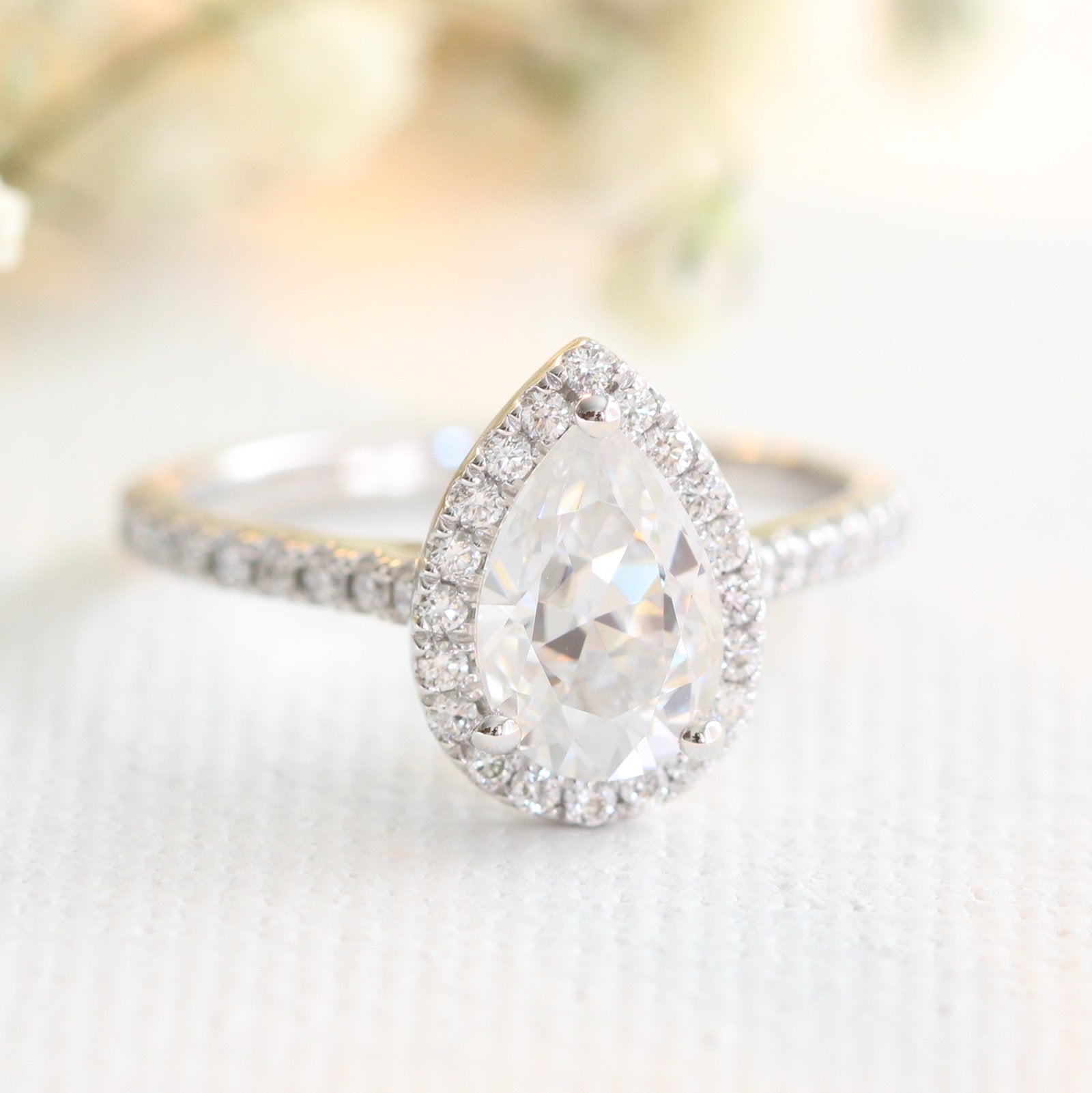 1.50 CT Pear Cut Moissanite Halo Engagement Ring