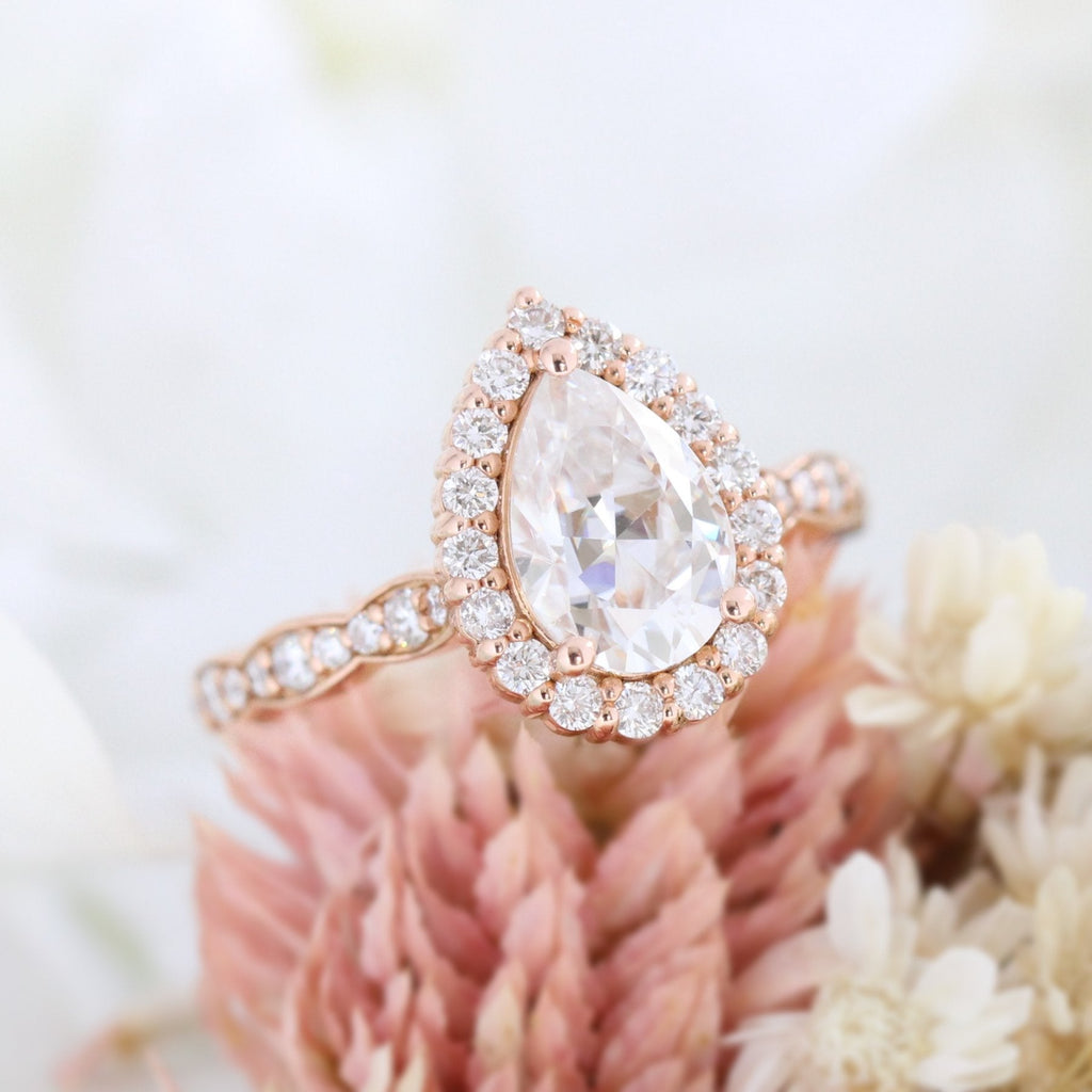 1.50 CT Pear Cut Moissanite Halo Engagement Ring