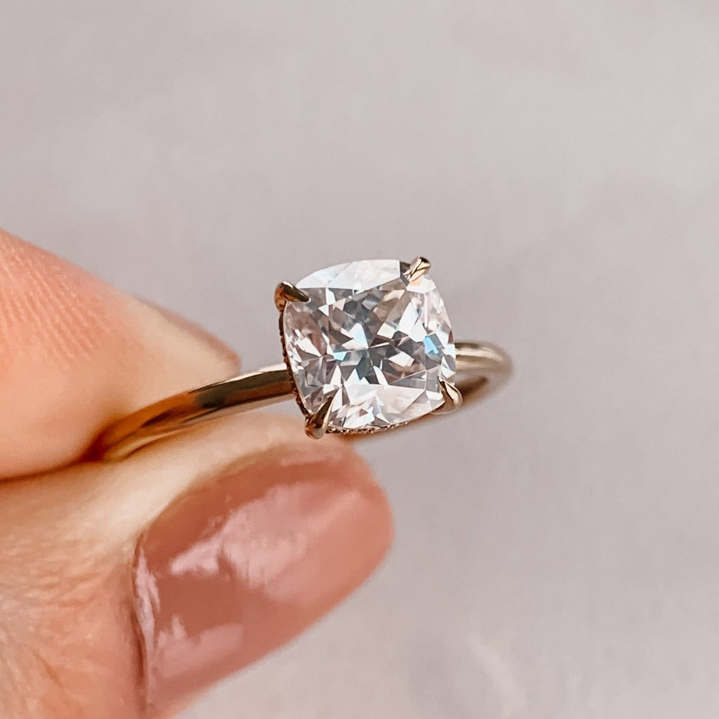 2.50 CT Cushion Moissanite Solitaire Engagement Ring With Hidden Halo Setting