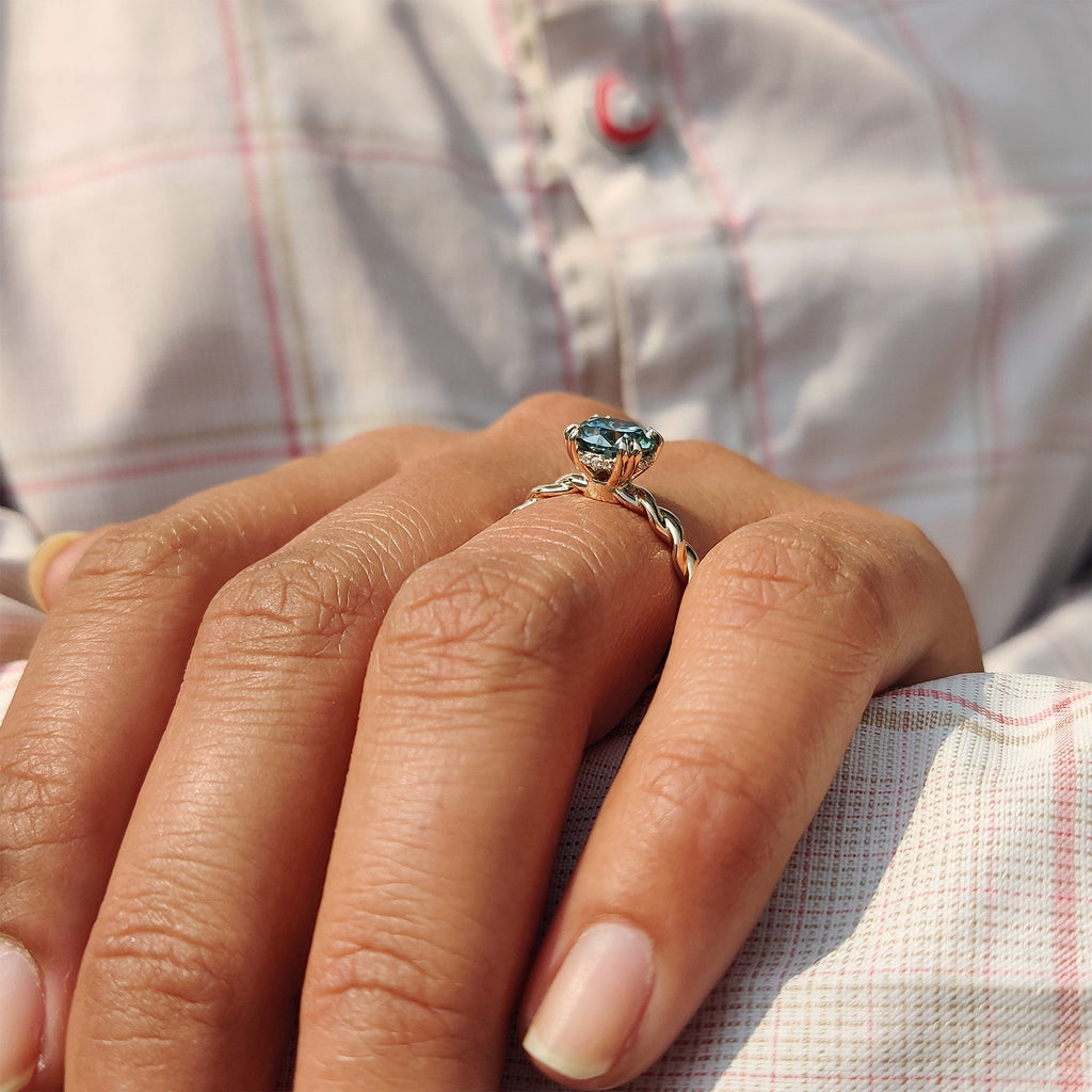 Cyan Blue Round Cut Hidden Halo Ring With Twisted Rope Band