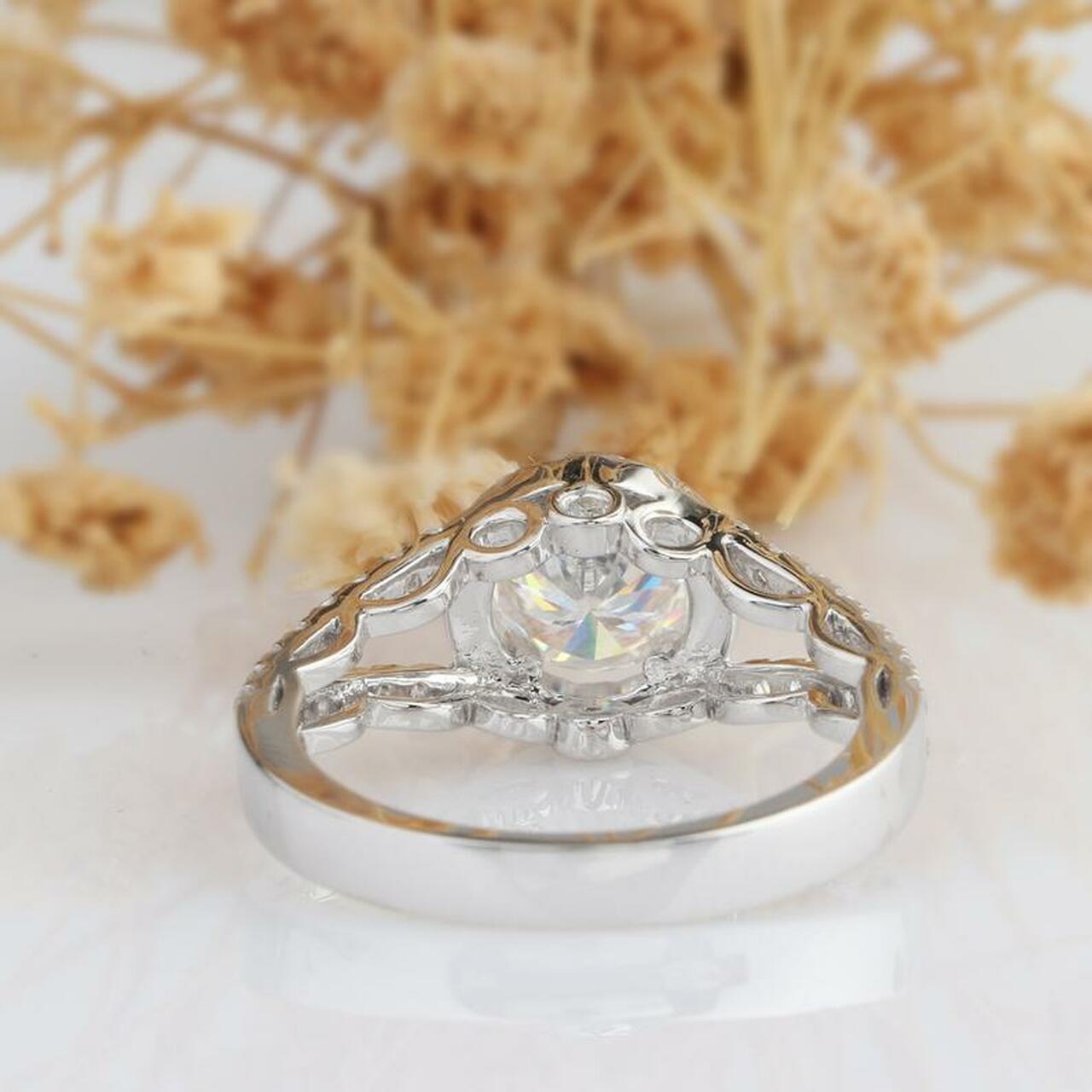 1.0CT Round Brilliant Cut Split Shank Halo Moissanite Engagement Ring