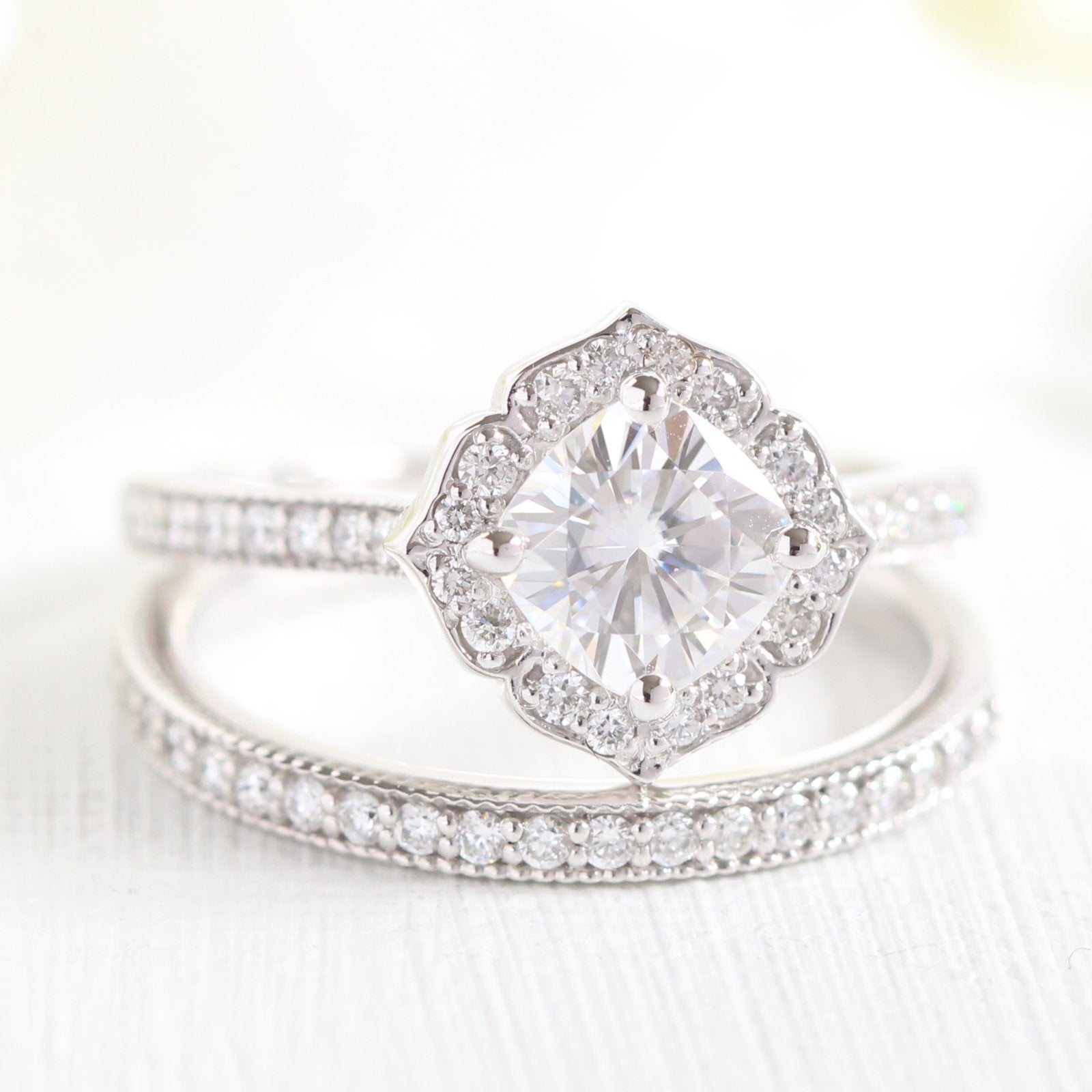1.0CT Cushion Cut Moissanite Halo Bridal Ring Set