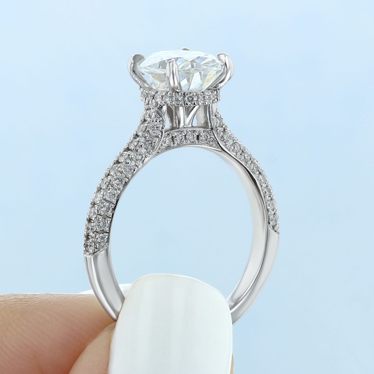 1.93CT Oval Moissanite Hidden Halo Triple Pave Setting Engagement Ring