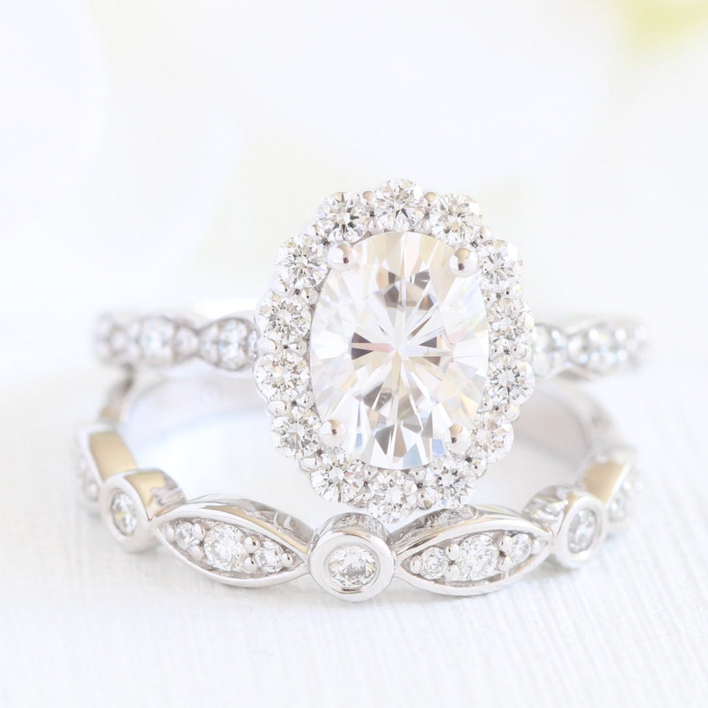 1.50CT Oval Cut Moissanite Halo Bridal Ring Set