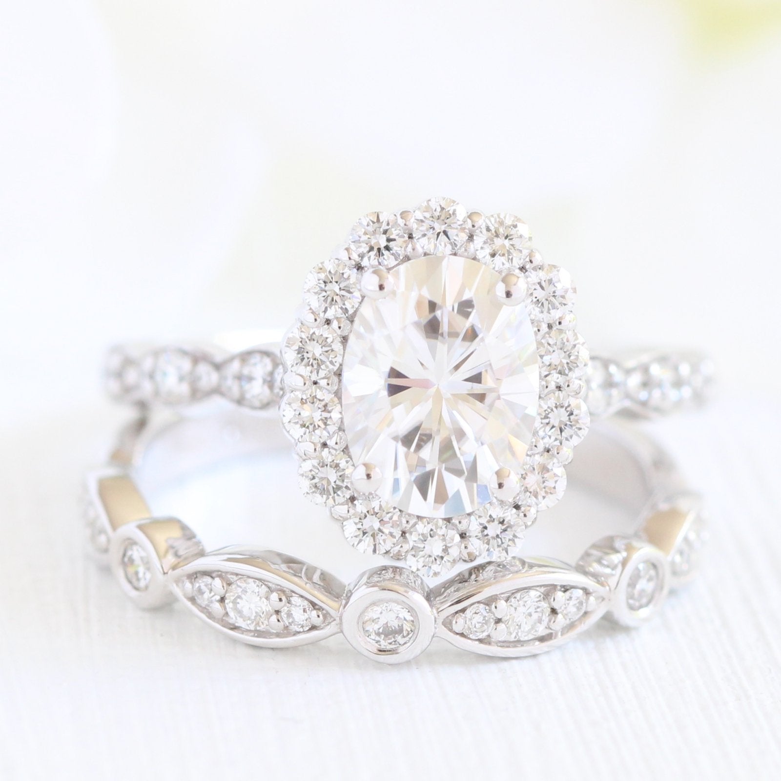 1.50CT Oval Cut Moissanite Halo Bridal Ring Set