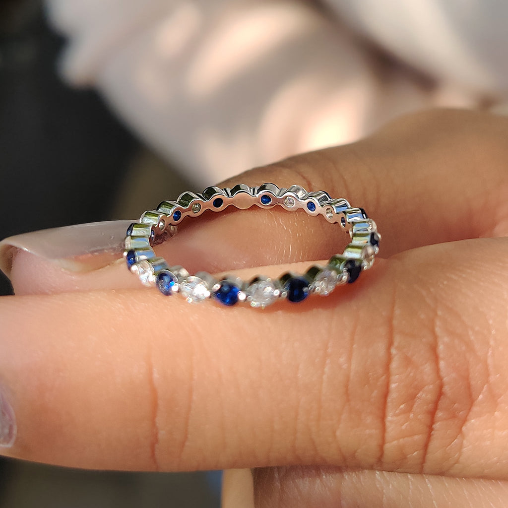 Round Cut Blue Diamond and Blue Sapphire Eternity Band