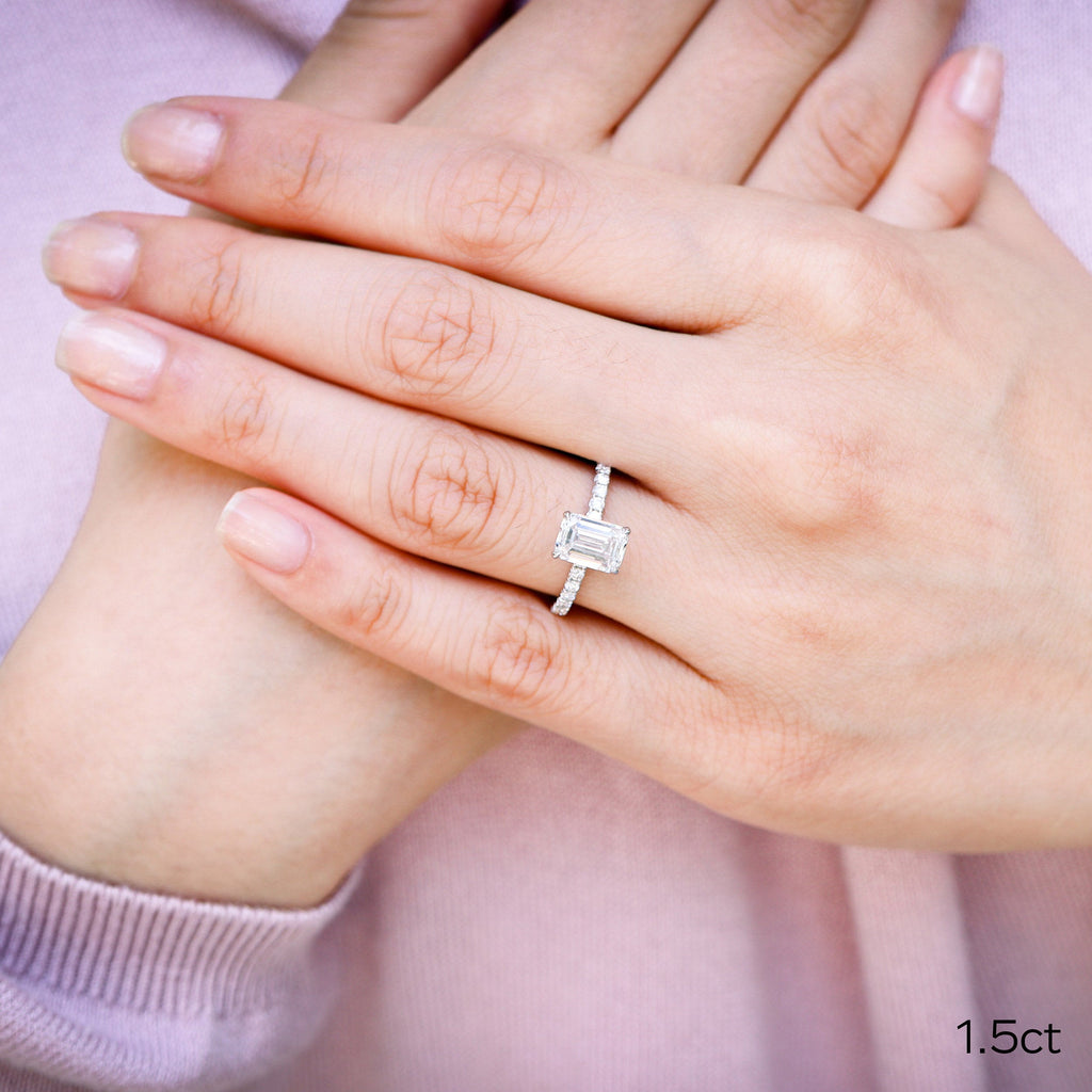 1.50 CT Emerald Cut Moissanite Pave Style Engagement Ring