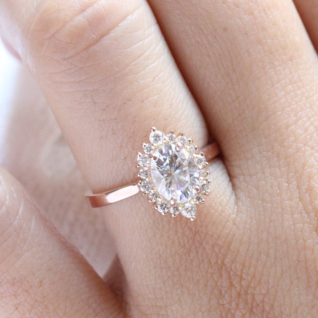 1.50 CT Oval Cut Cluster Halo Style Moissanite Engagement Ring