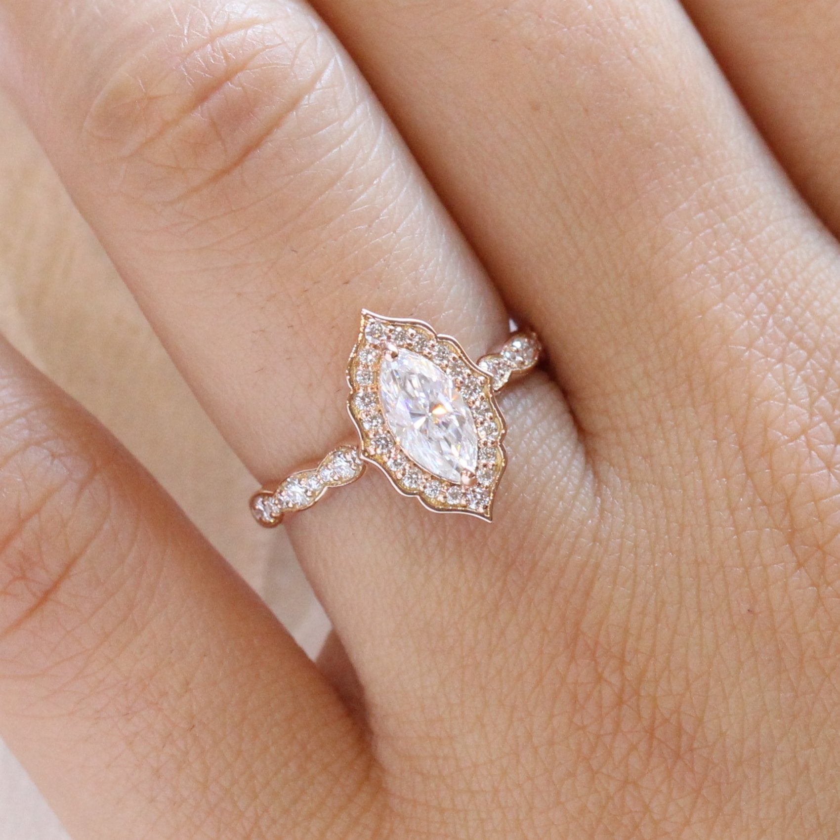 1.0 CT Vintage Floral Marquis Cut Diamond Moissanite Halo Engagement Ring